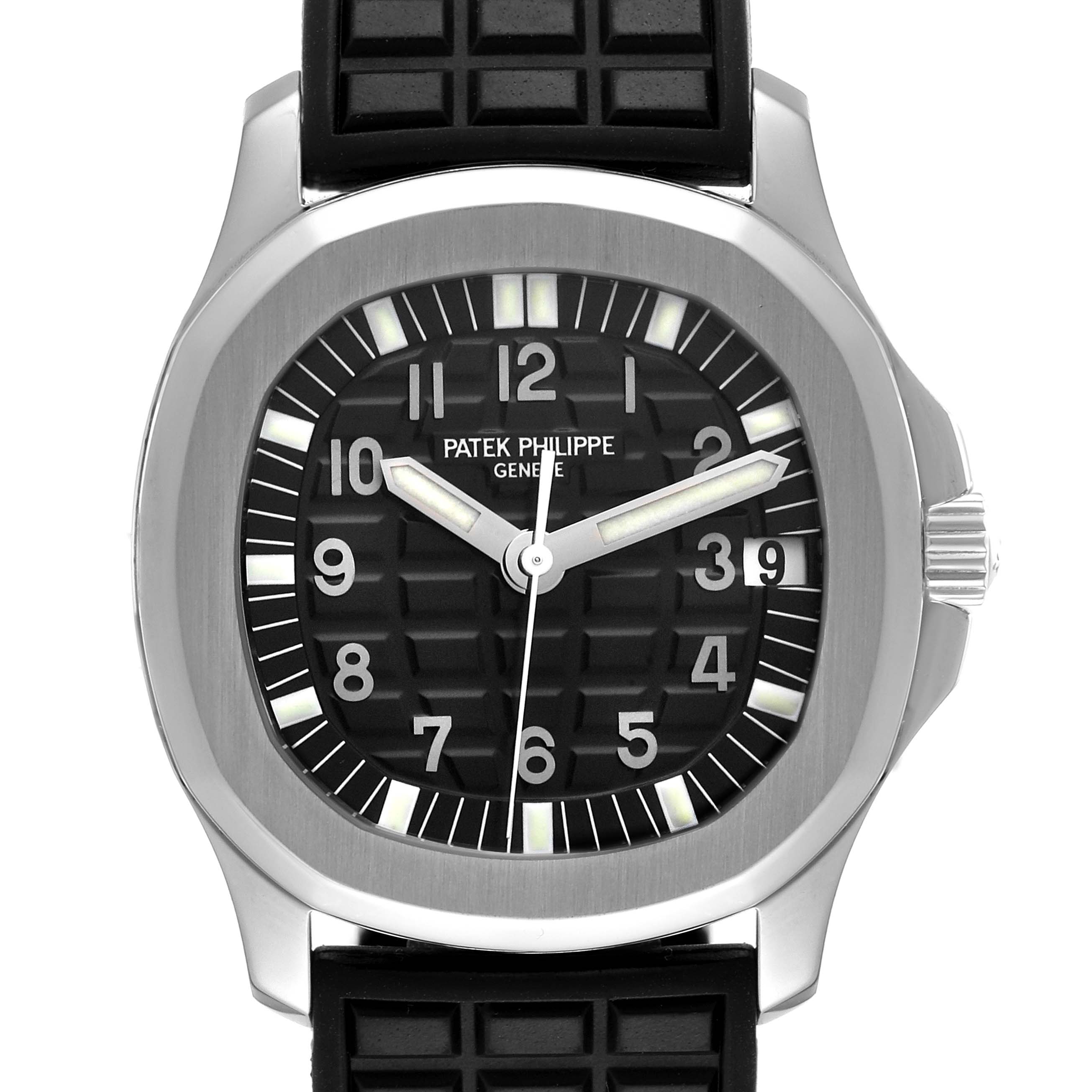 The image shows a front view of the Patek Philippe Aquanaut 5066A Men's Stainless Steel Black Dial 5066A Men's Stainless Steel Black Dial watch, highlighting its dial, hands, and strap.
