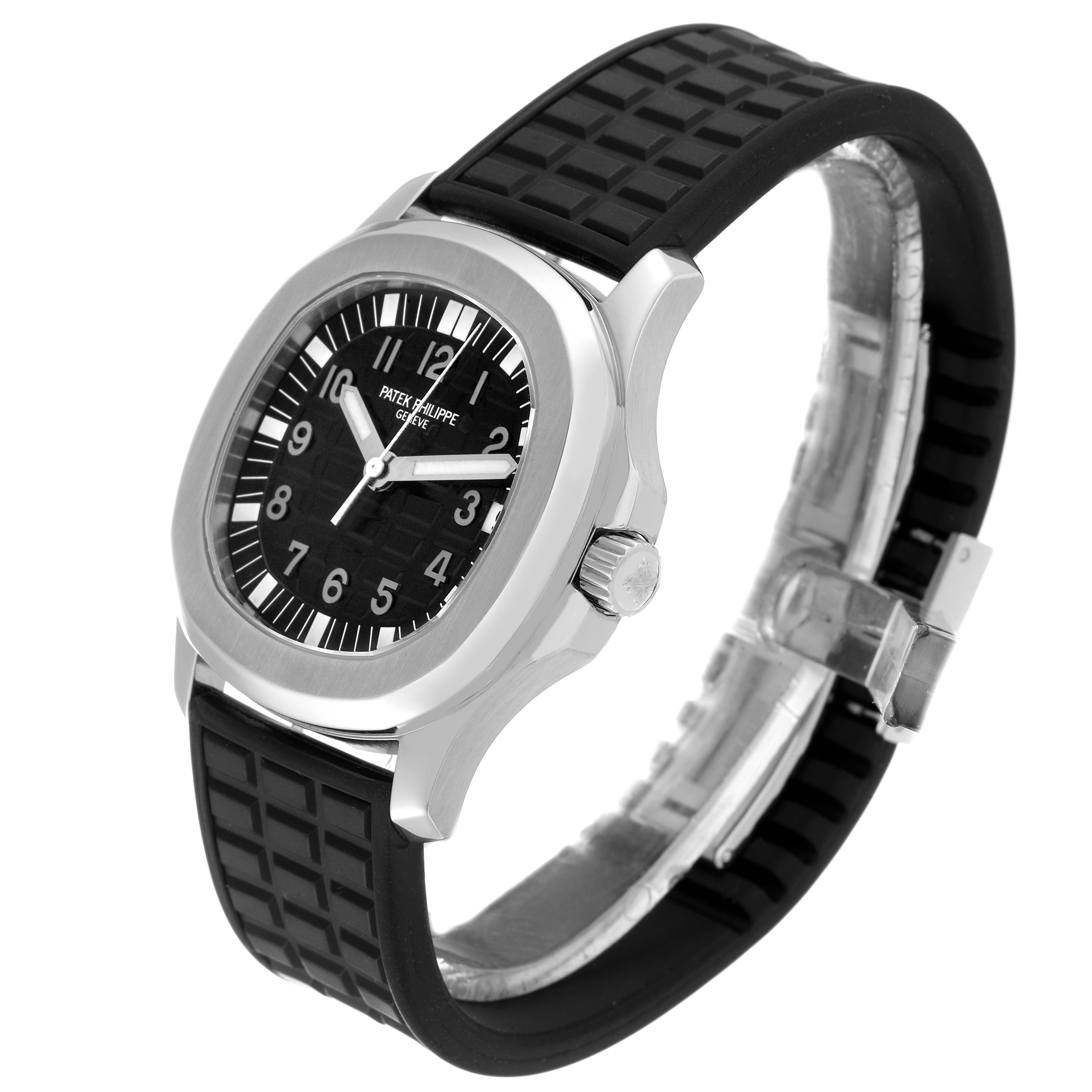 Patek Philippe Aquanaut 5066A Men's Stainless Steel Black Dial 5066A Men's Stainless Steel Black Dial watch is shown at a three-quarter angle, displaying its face, bezel, and black rubber strap.