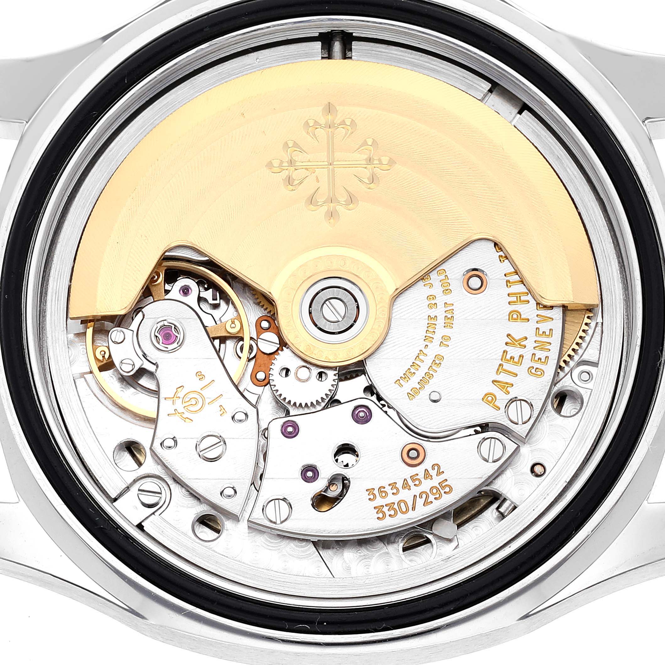This image shows the intricate movement and inner workings of a Patek Philippe Aquanaut 5066A Men's Stainless Steel Black Dial 5066A Men's Stainless Steel Black Dial watch viewed from the back.