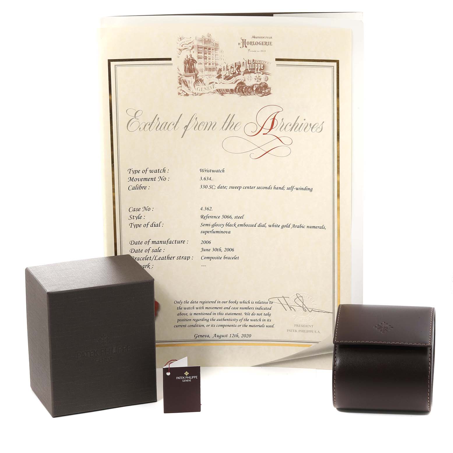 The image shows the accessories of the Patek Philippe Aquanaut 5066A Men's Stainless Steel Black Dial 5066A Men's Stainless Steel Black Dial model with a certificate, box, and leather case.