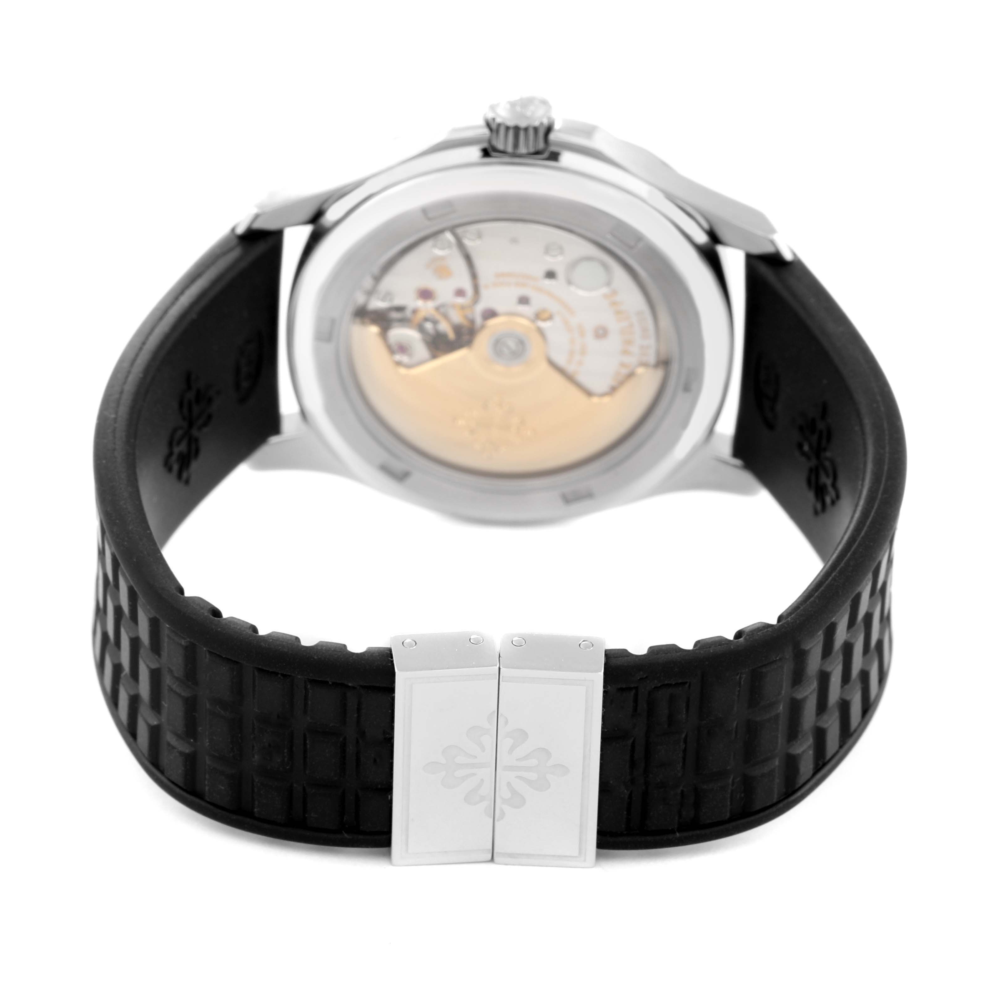 The image shows the back view of a Patek Philippe Aquanaut 5066A Men's Stainless Steel Black Dial 5066A Men's Stainless Steel Black Dial watch, highlighting its case back and clasp with a black rubber strap.