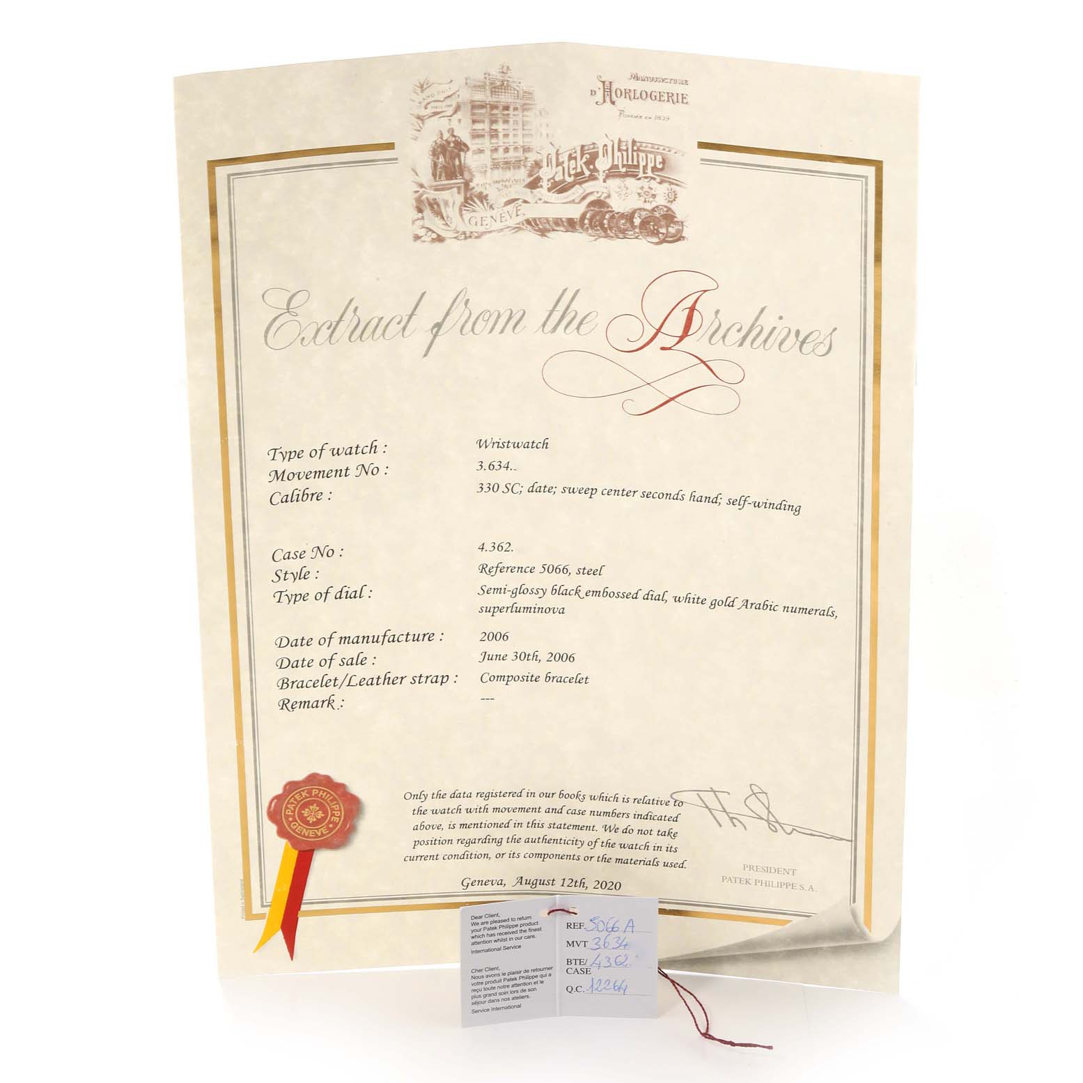 The image shows a certificate titled "Extract from the Archives" for a Patek Philippe Aquanaut 5066A Men's Stainless Steel Black Dial 5066A Men's Stainless Steel Black Dial wristwatch, including details such as movement, case number, and date of manufacture.