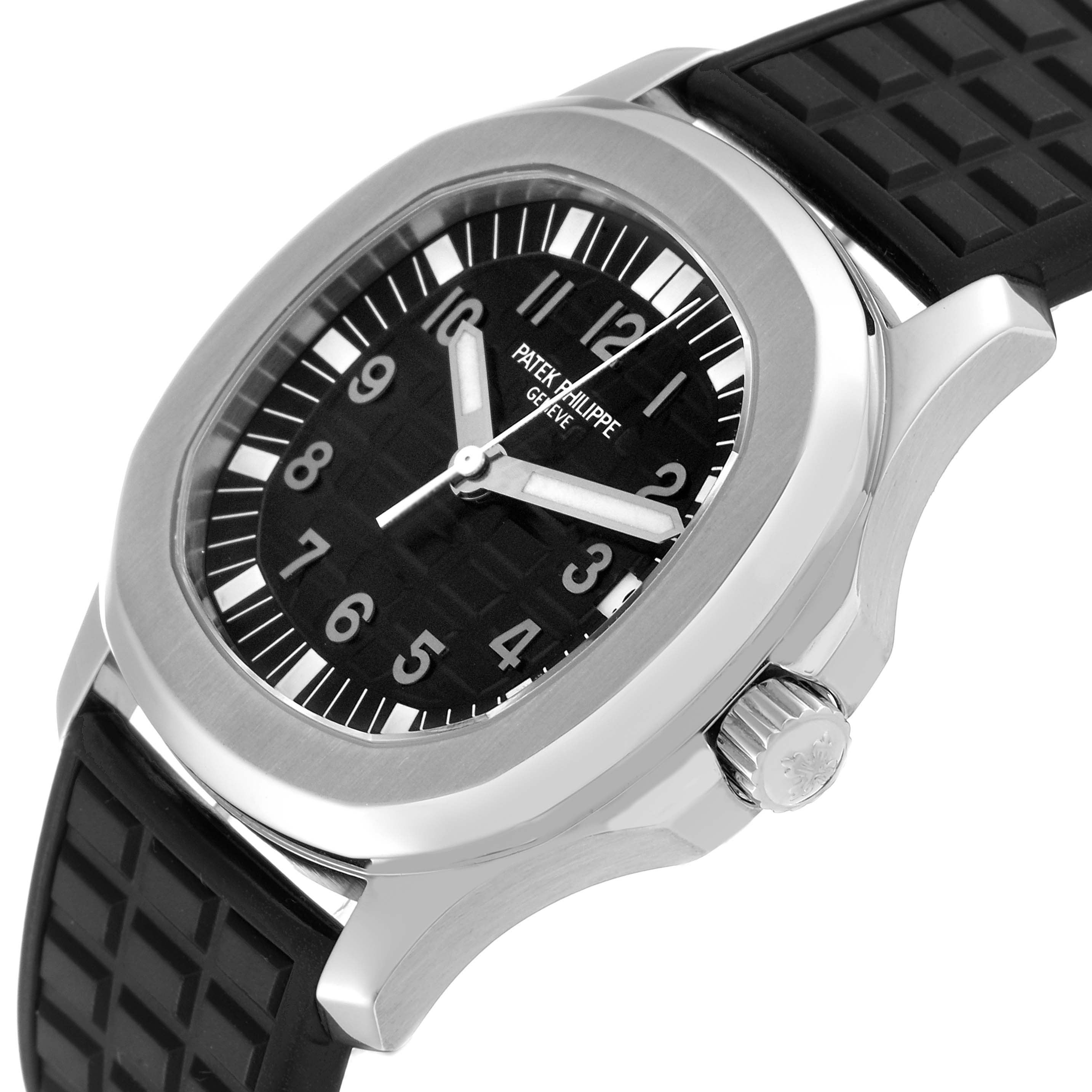 The image shows a side angle view of the Patek Philippe Aquanaut 5066A Men's Stainless Steel Black Dial 5066A Men's Stainless Steel Black Dial watch, highlighting the dial, bezel, case, crown, and strap.