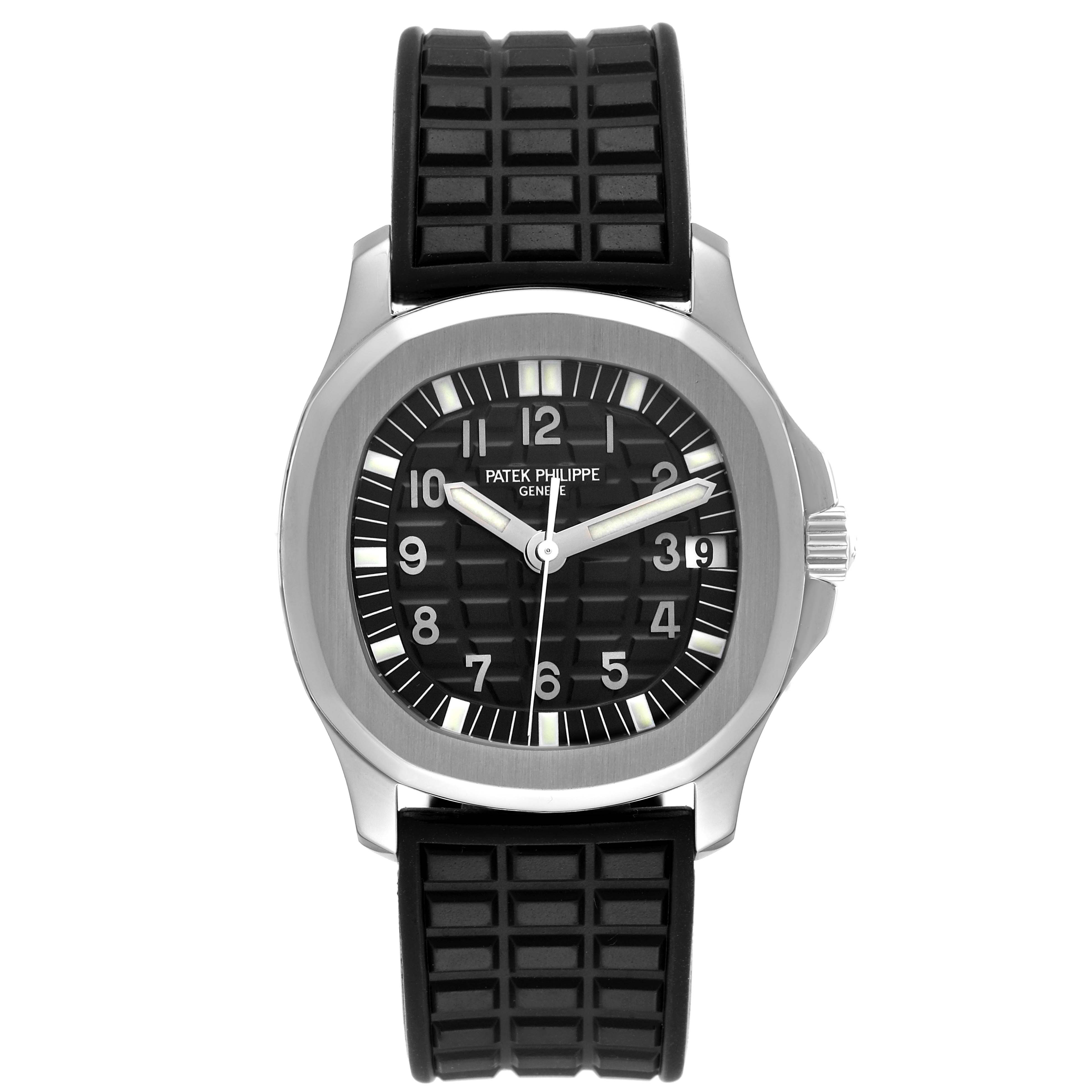 This image shows a front view of the Patek Philippe Aquanaut 5066A Men's Stainless Steel Black Dial 5066A Men's Stainless Steel Black Dial watch featuring its dial and black rubber strap.
