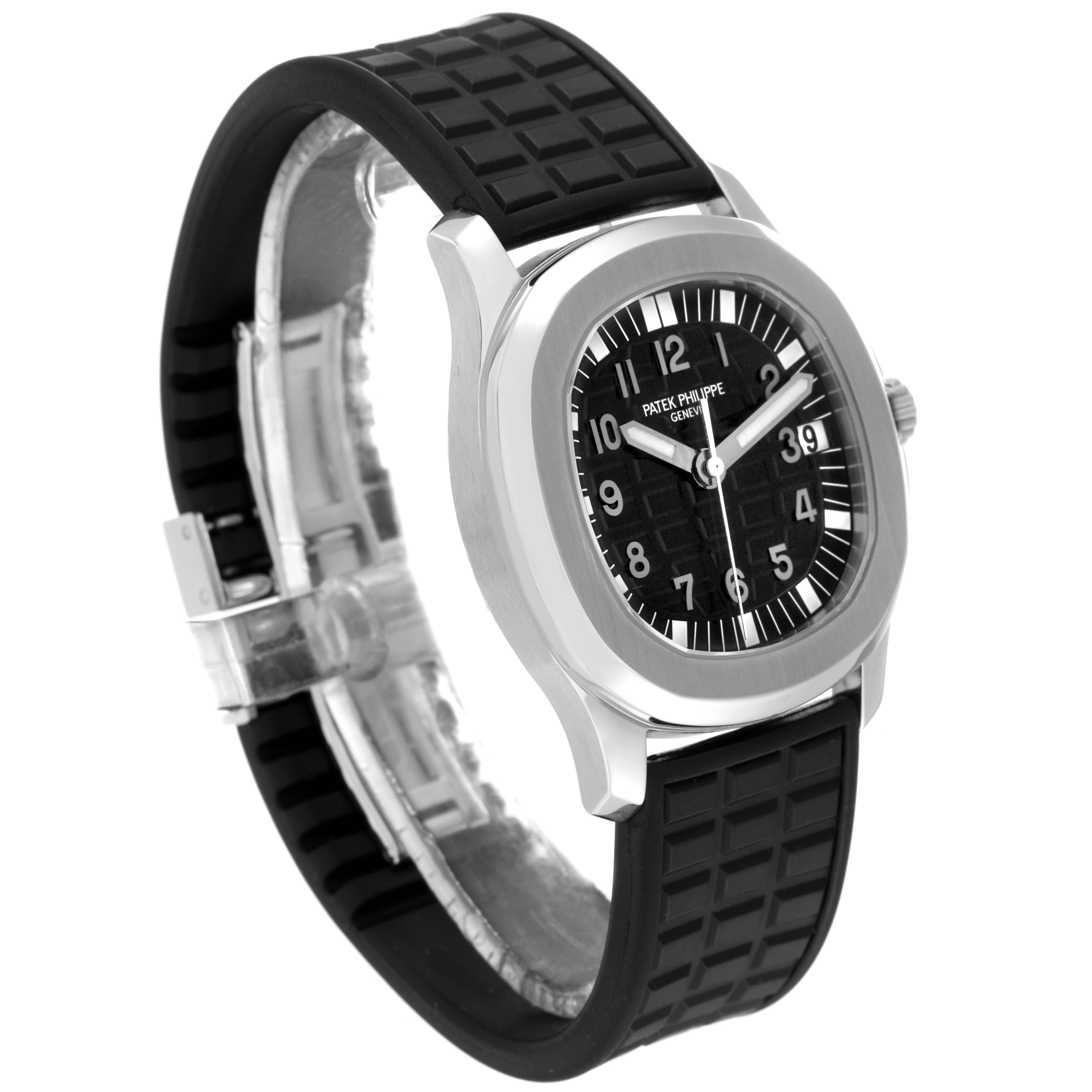 The image shows a Patek Philippe Aquanaut 5066A Men's Stainless Steel Black Dial 5066A Men's Stainless Steel Black Dial watch from a three-quarter angle, highlighting its face, bezel, and rubber strap.