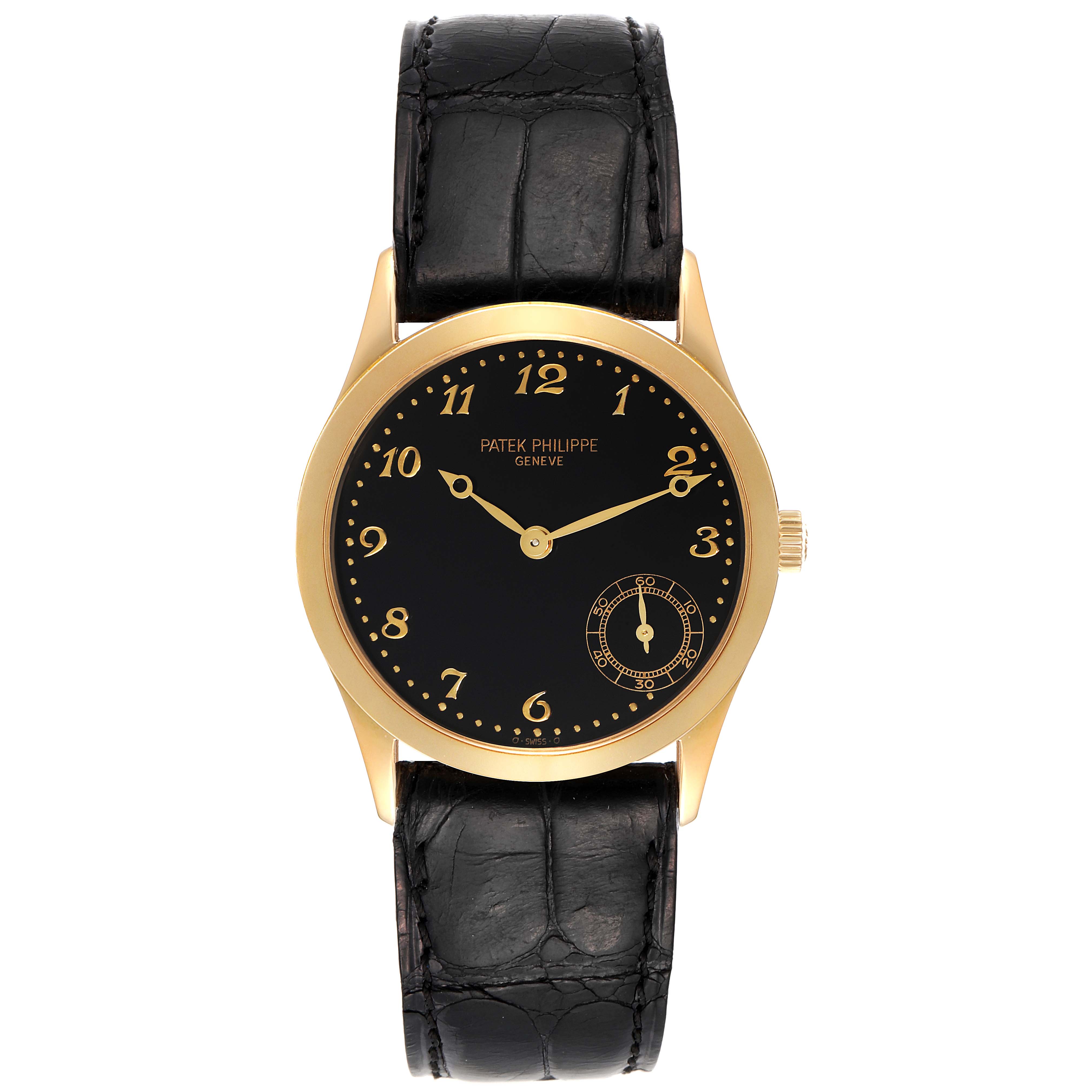 This image shows a frontal view of a Patek Philippe Calatrava 5026J Men's Yellow Gold Black Dial 5026J Men's Yellow Gold Black Dial watch with a black dial and gold casing accompanied by a black leather strap.