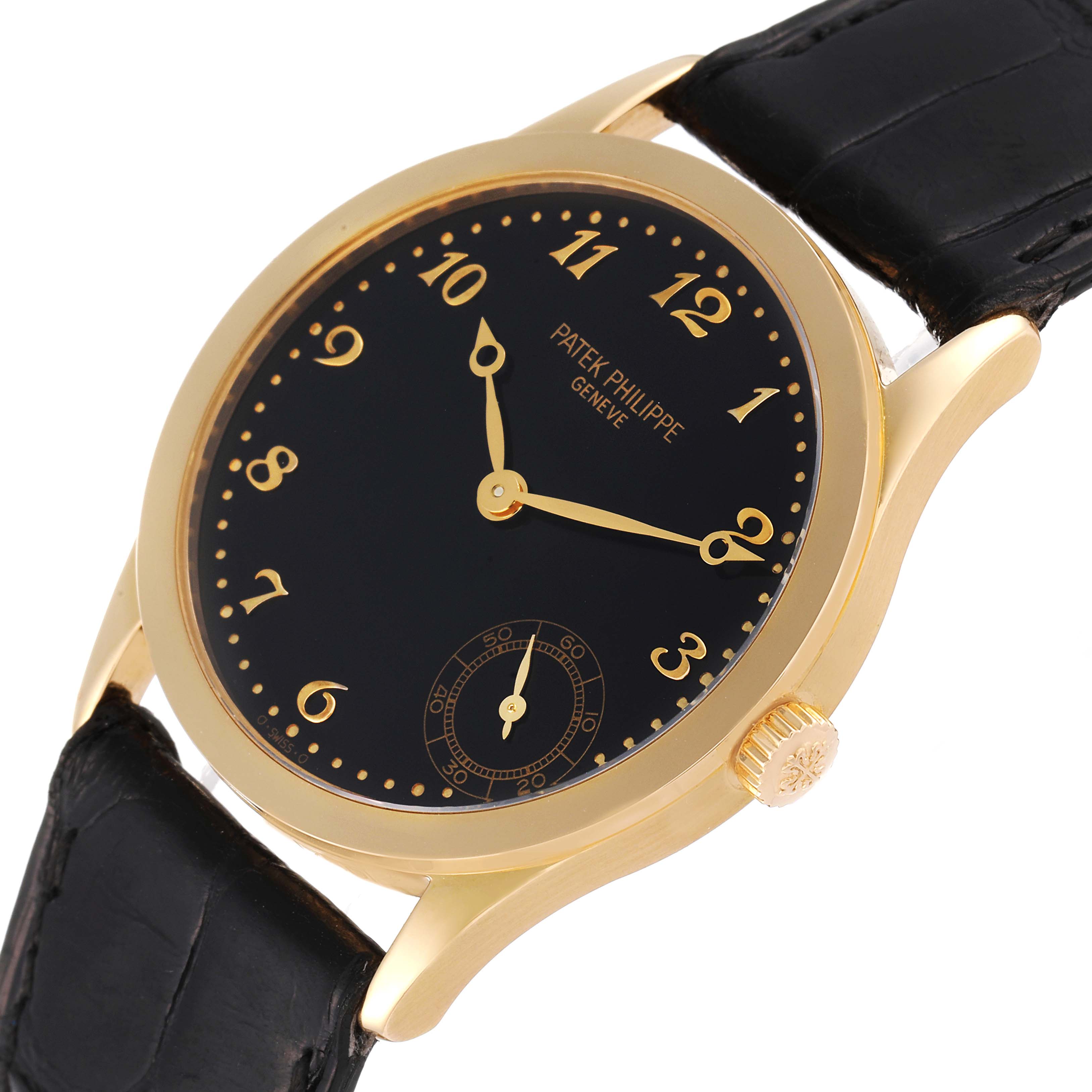 The image shows a Patek Philippe Calatrava 5026J Men's Yellow Gold Black Dial 5026J Men's Yellow Gold Black Dial watch at a three-quarter angle displaying the face, crown, and black leather strap.