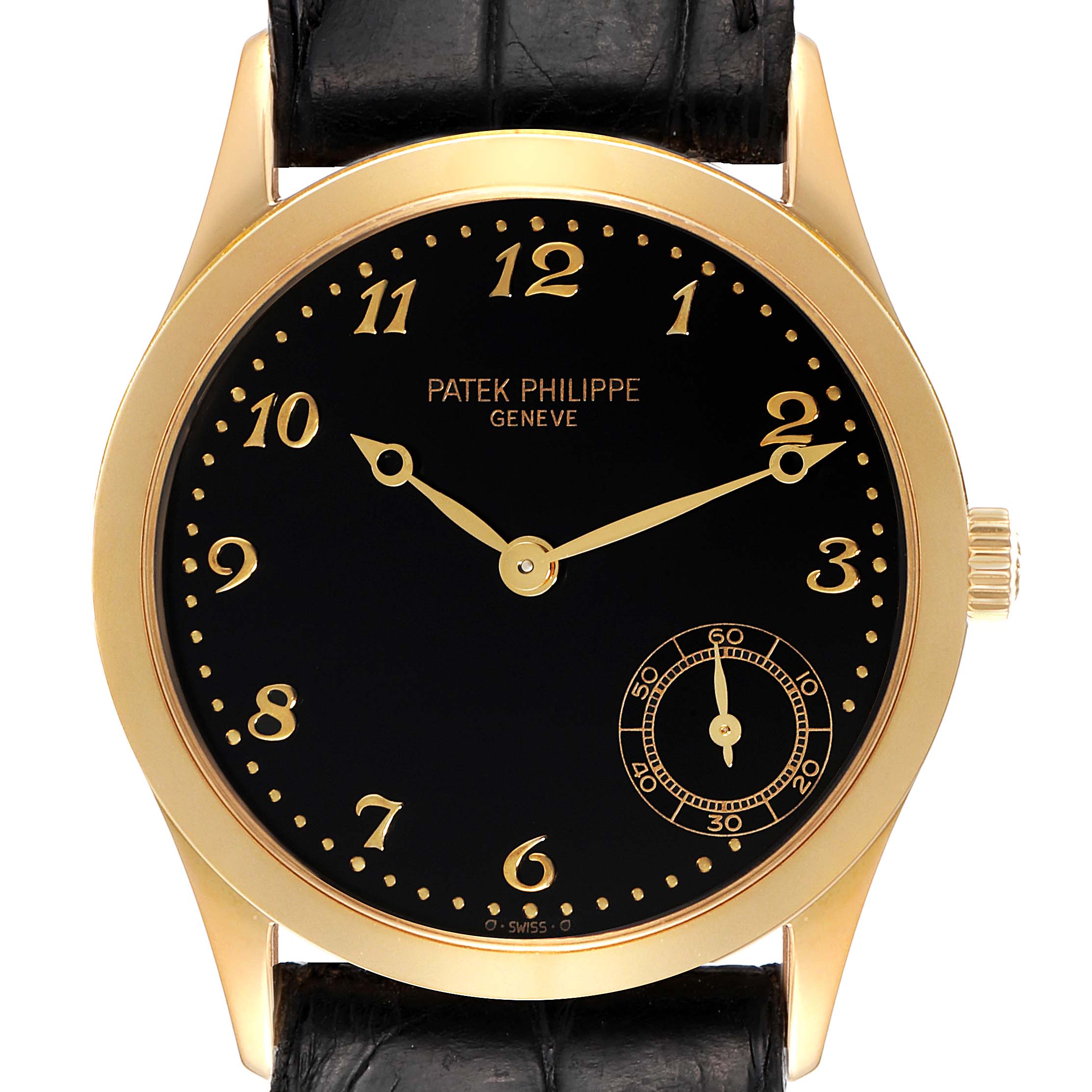 The Patek Philippe Calatrava 5026J Men's Yellow Gold Black Dial 5026J Men's Yellow Gold Black Dial watch is shown from the front with a black face, gold numerals, and a black leather strap.