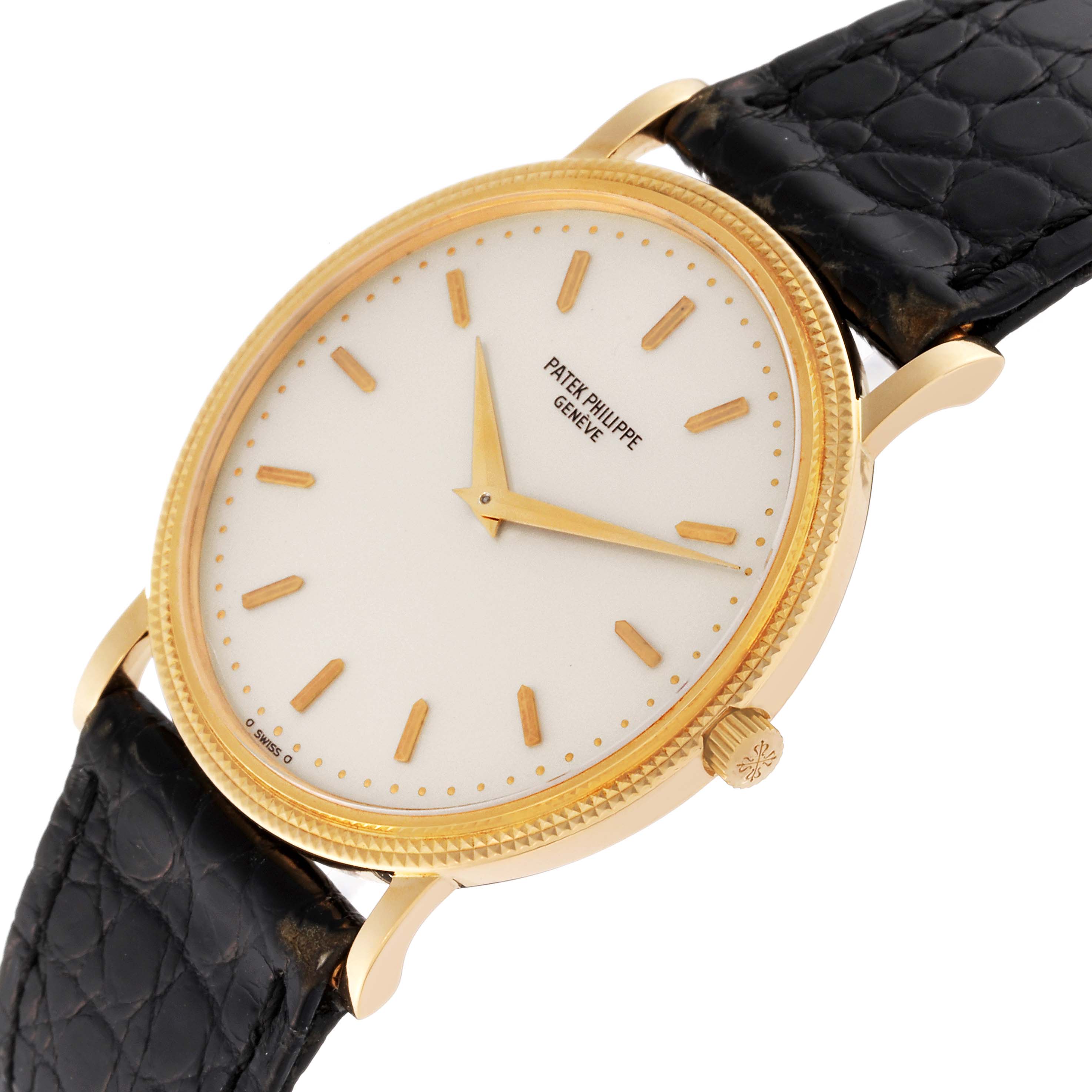 The image shows a close-up, slightly angled view of the dial, case, lugs, and part of the strap of a Patek Philippe Calatrava 3520D Men's Yellow Gold Beige Dial 3520D Men's Yellow Gold Beige Dial watch.