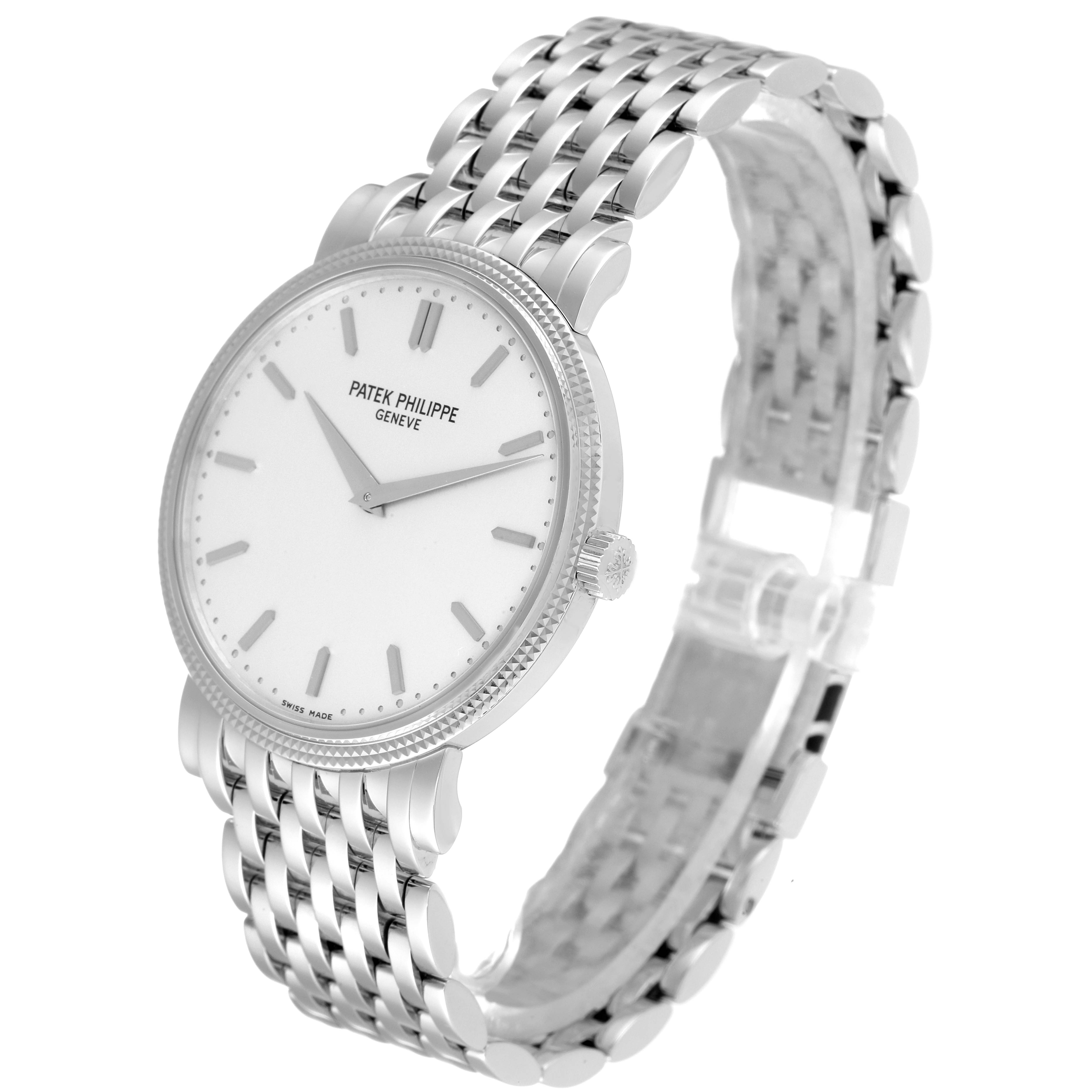 The image shows a Patek Philippe Calatrava 5120/1G-001 Men's White Gold Silver Dial 5120/1G-001 Men's White Gold Silver Dial watch at a slight angle, displaying its face, bezel, and bracelet.
