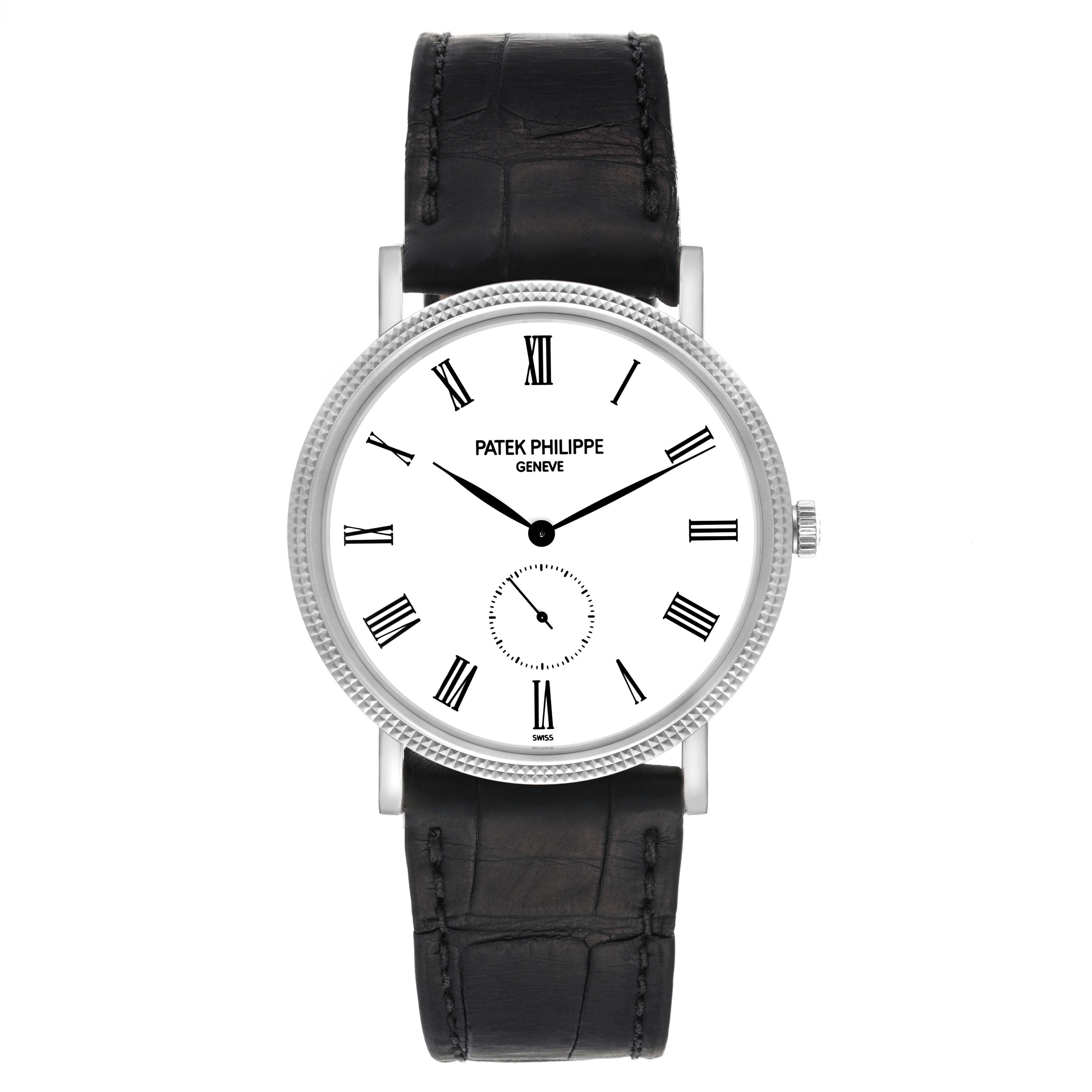The image shows a front view of a Patek Philippe Calatrava 5119G Men
s White Gold White Dial 5119G Men
s White Gold White Dial watch with a black leather strap and white dial with Roman numerals.