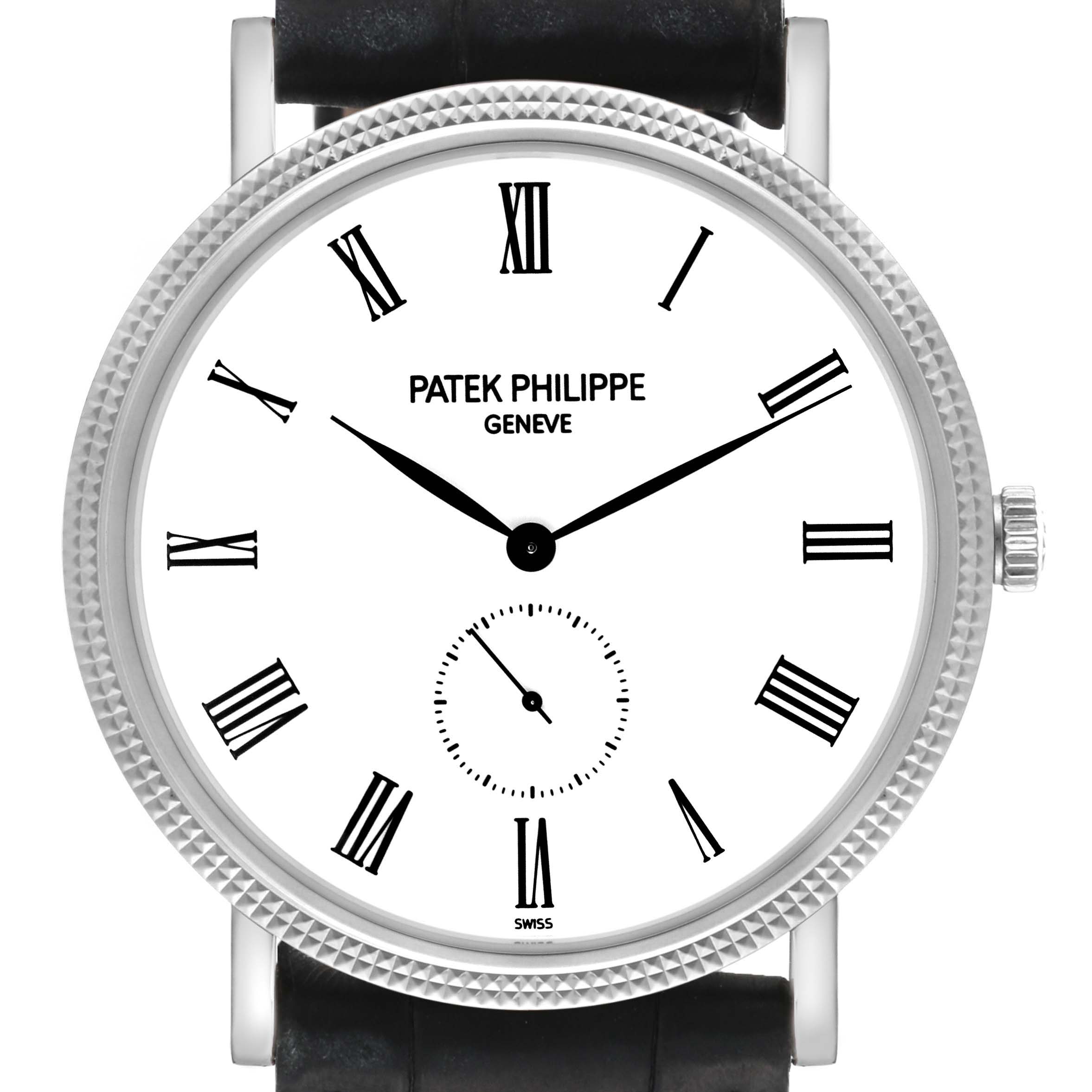 This image shows the front view of a Patek Philippe Calatrava 5119G Men
s White Gold White Dial 5119G Men
s White Gold White Dial watch, highlighting the dial, Roman numerals, and subdial.