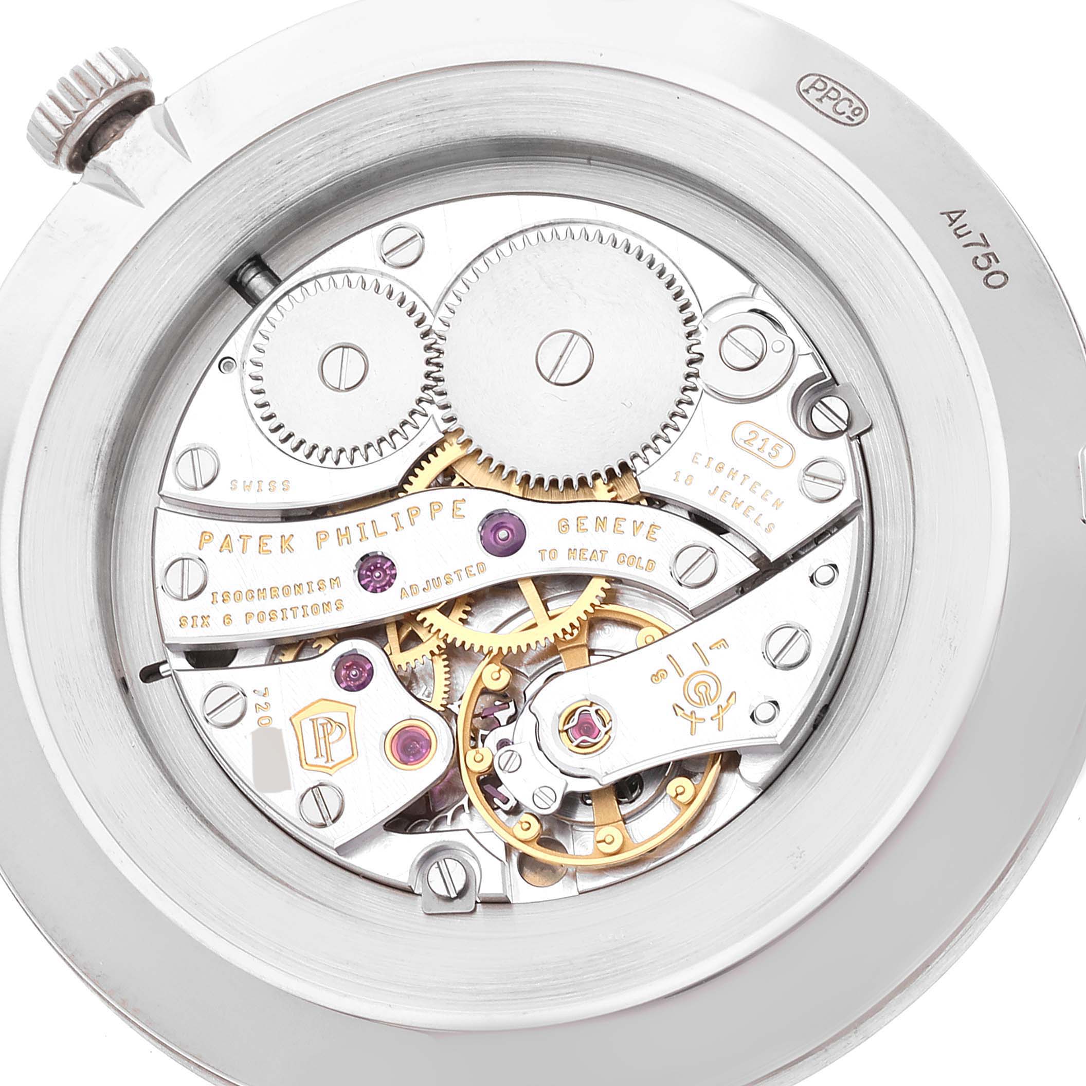 This image shows the intricate movement and internal mechanics of a Patek Philippe Calatrava 5119G Men
s White Gold White Dial 5119G Men
s White Gold White Dial watch viewed from the back.