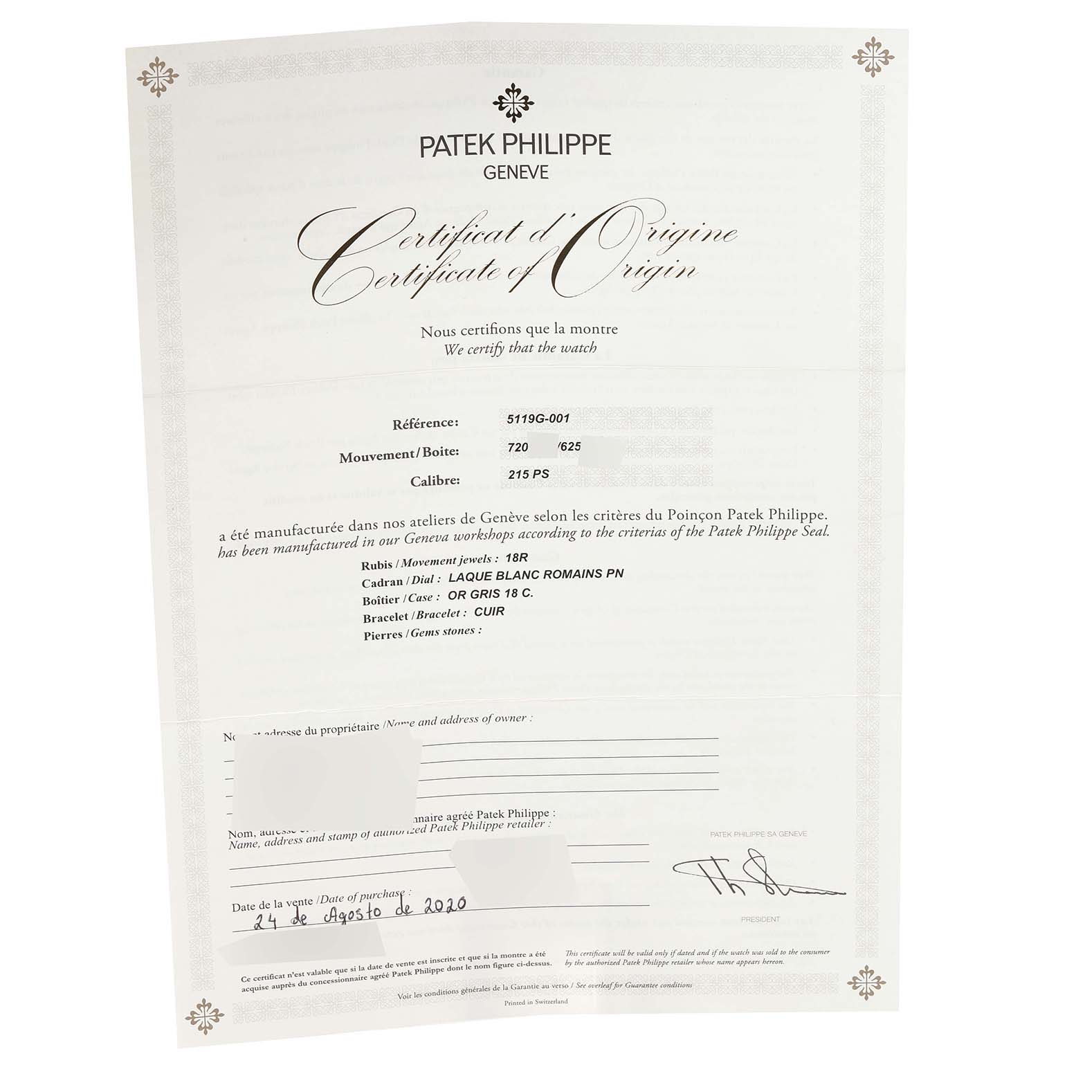 The image shows a Patek Philippe Calatrava 5119G Men
s White Gold White Dial 5119G Men
s White Gold White Dial Certificate of Origin document, providing specific details about the watch model.