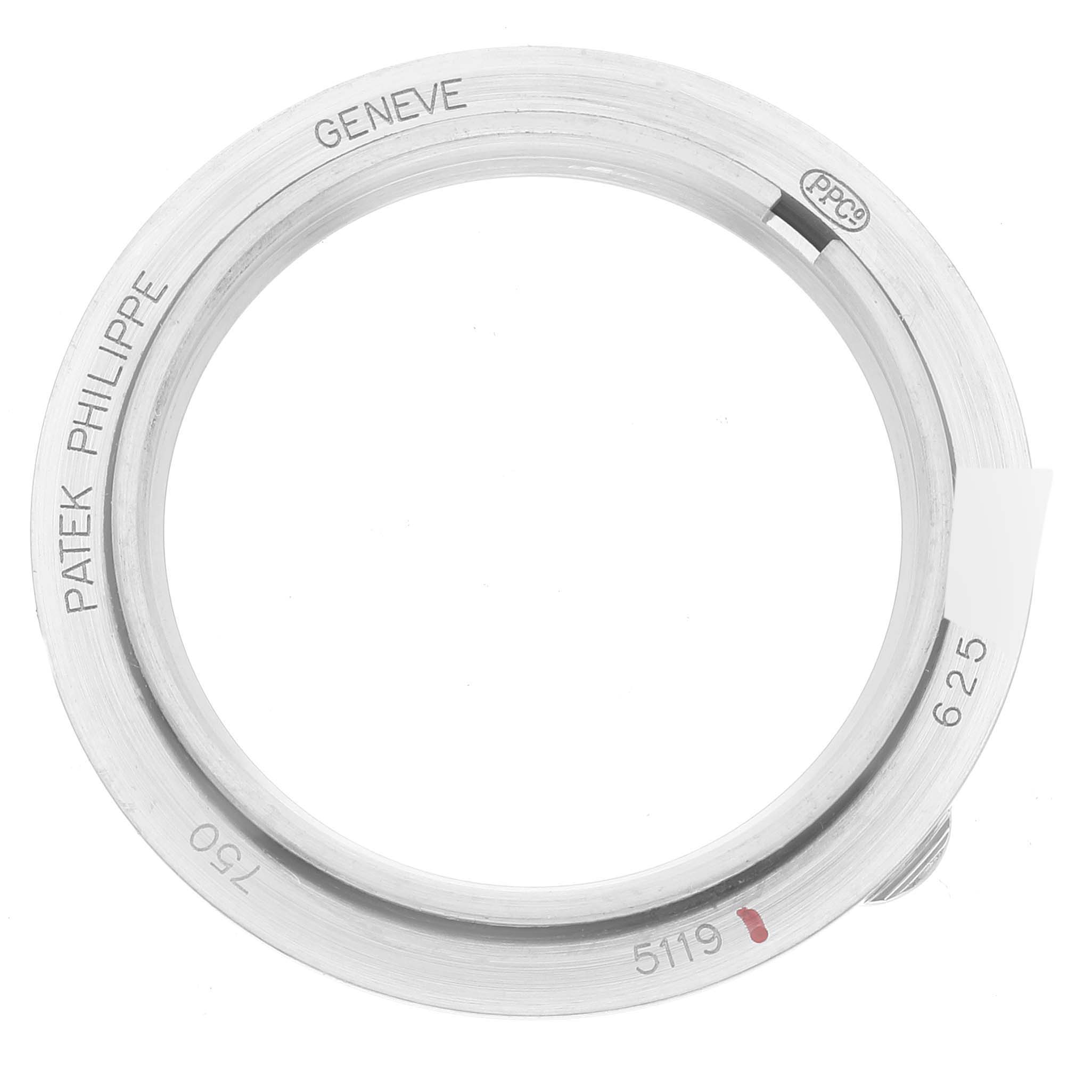 This image shows the bezel of a Patek Philippe Calatrava 5119G Men
s White Gold White Dial 5119G Men
s White Gold White Dial model, viewed from above.