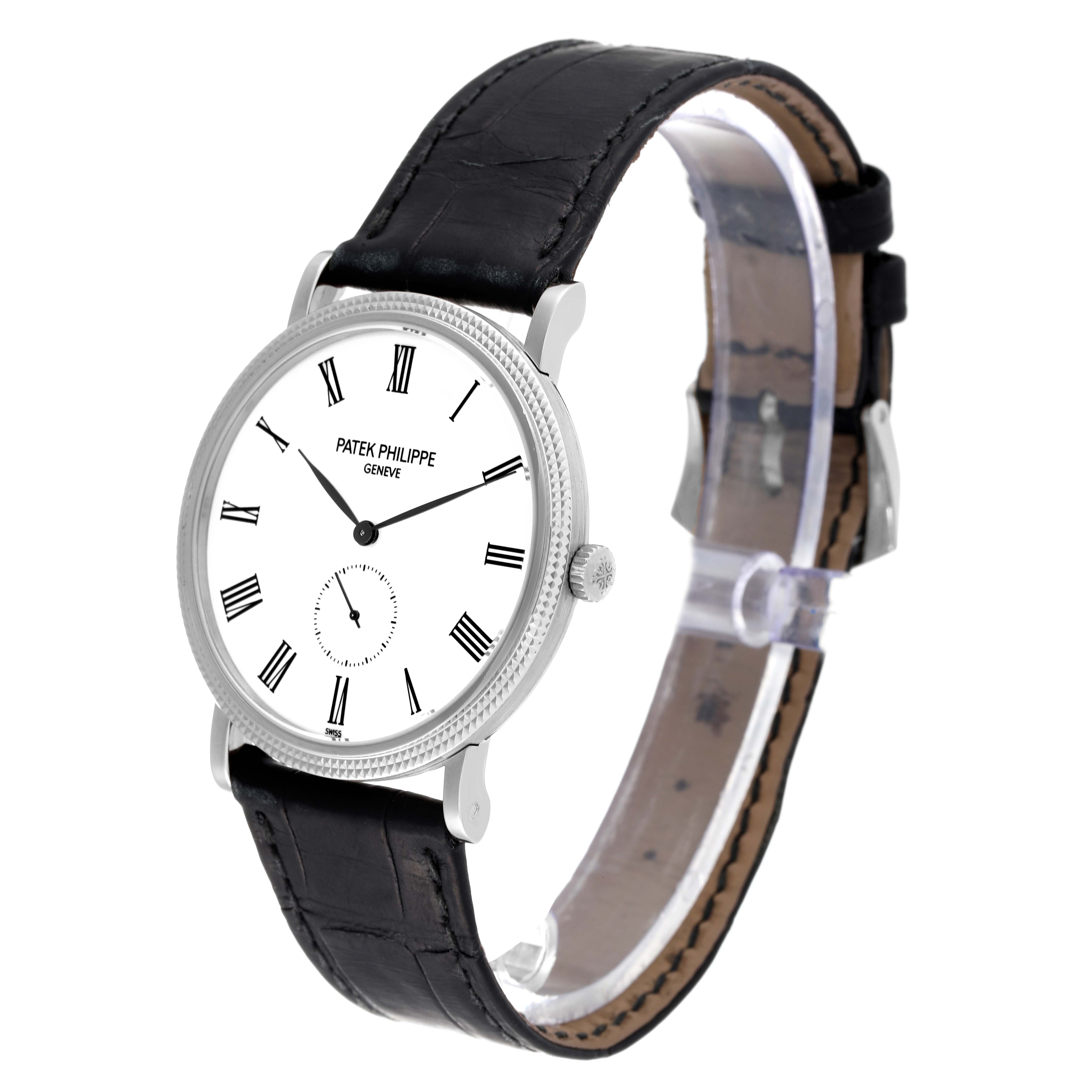 The image shows a side angle of a Patek Philippe Calatrava 5119G Men
s White Gold White Dial 5119G Men
s White Gold White Dial watch featuring the face, crown, strap, and buckle.