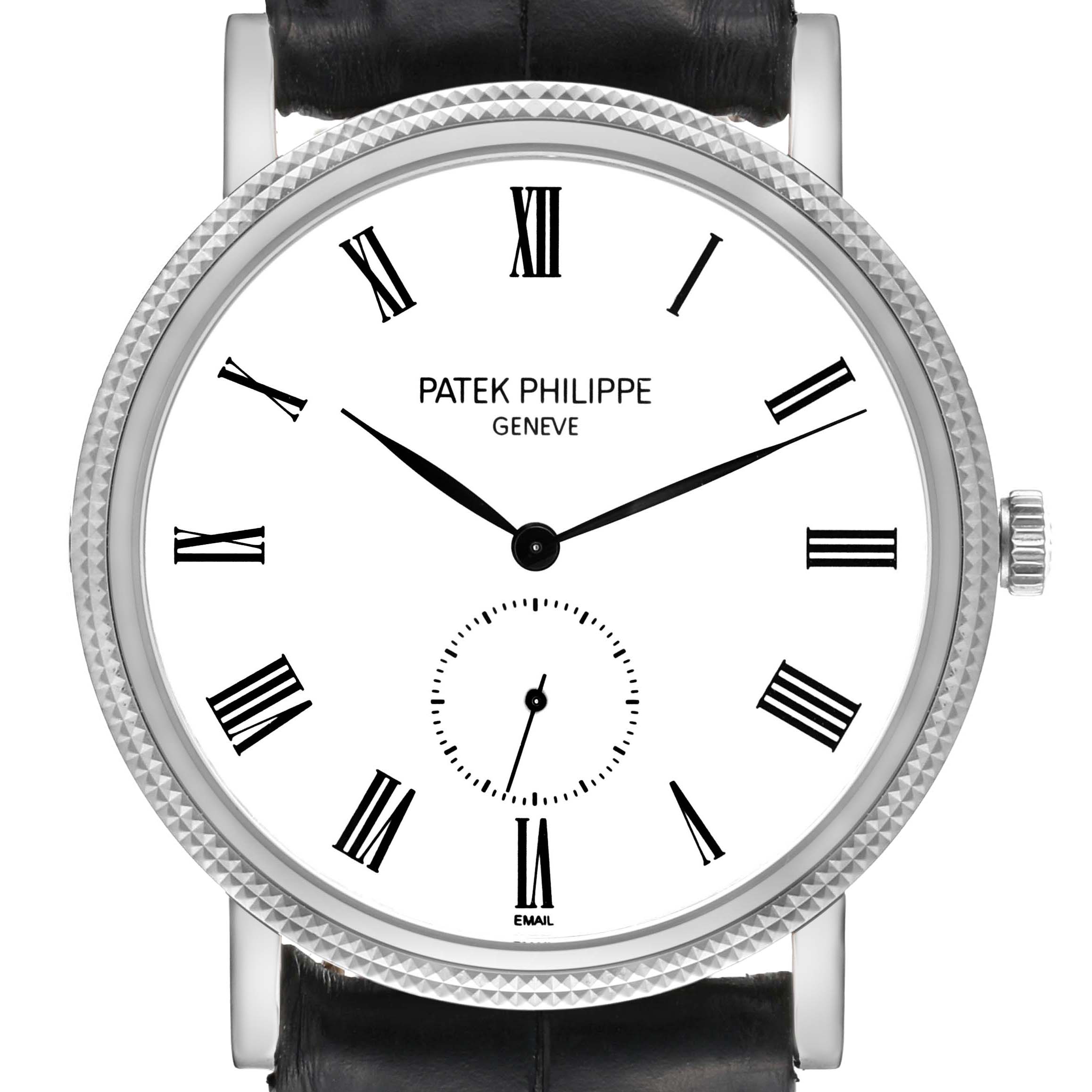 This is a front view of the Patek Philippe Calatrava 5116G Men's White Gold White Dial 5116G Men's White Gold White Dial watch showing the face, Roman numerals, hands, and crown.