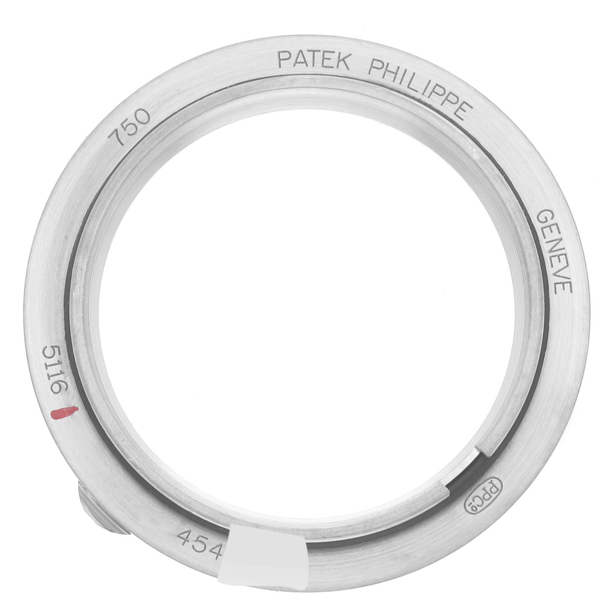 The image shows the bezel of a Patek Philippe Calatrava 5116G Men's White Gold White Dial 5116G Men's White Gold White Dial model watch at a top-down angle.