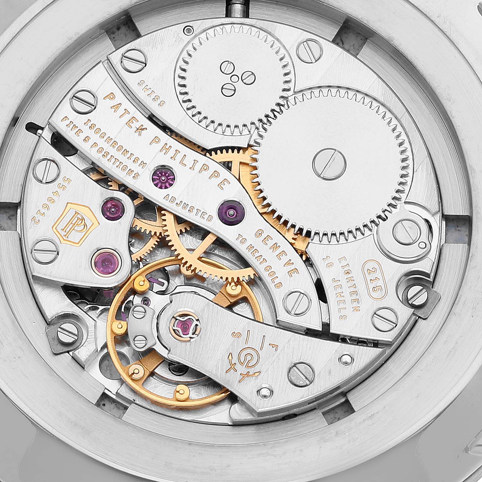 This image shows the intricate back mechanism of a Patek Philippe Calatrava 5116G Men's White Gold White Dial 5116G Men's White Gold White Dial model watch.