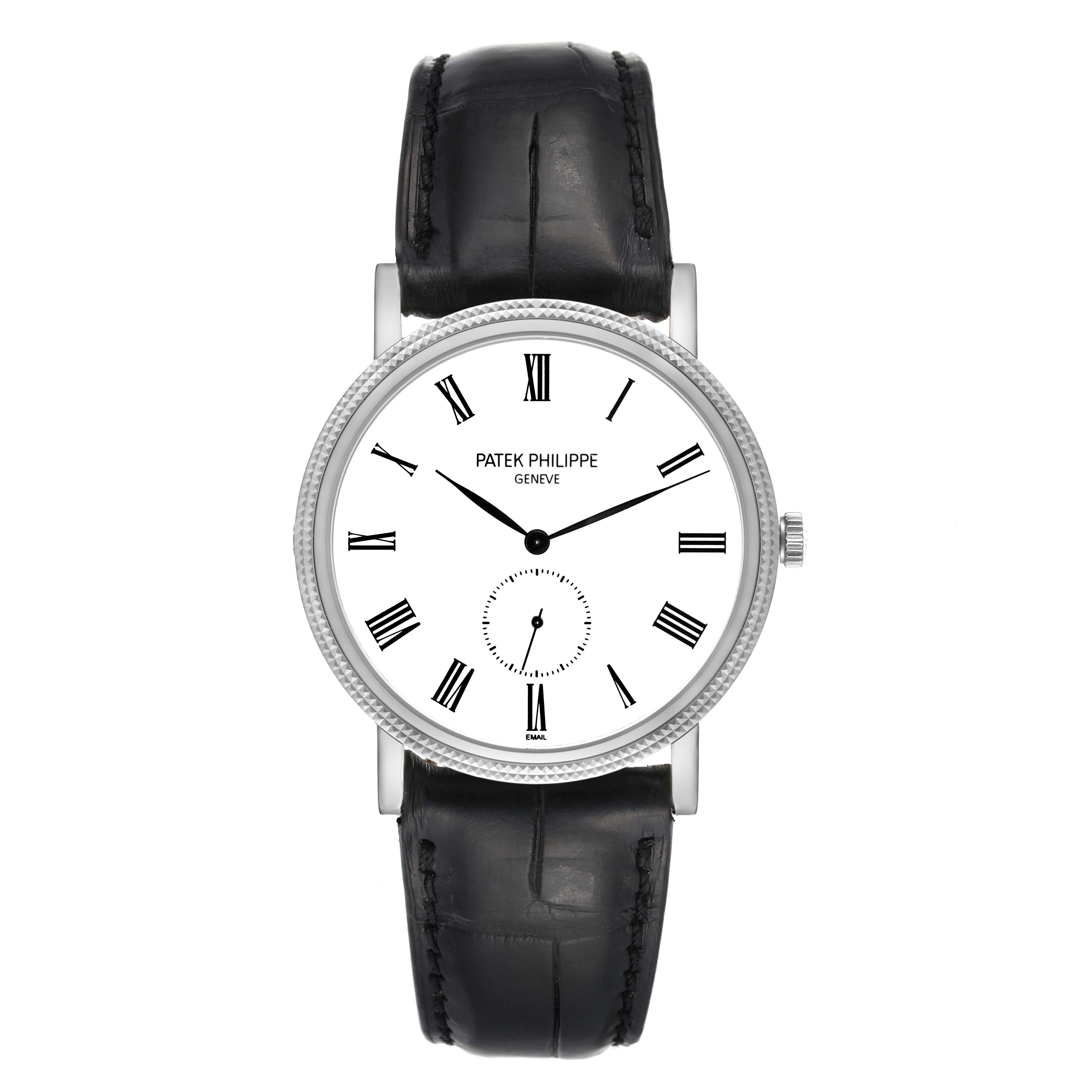 The image shows a frontal view of a Patek Philippe Calatrava 5116G Men's White Gold White Dial 5116G Men's White Gold White Dial watch, displaying its dial, hands, and leather strap.
