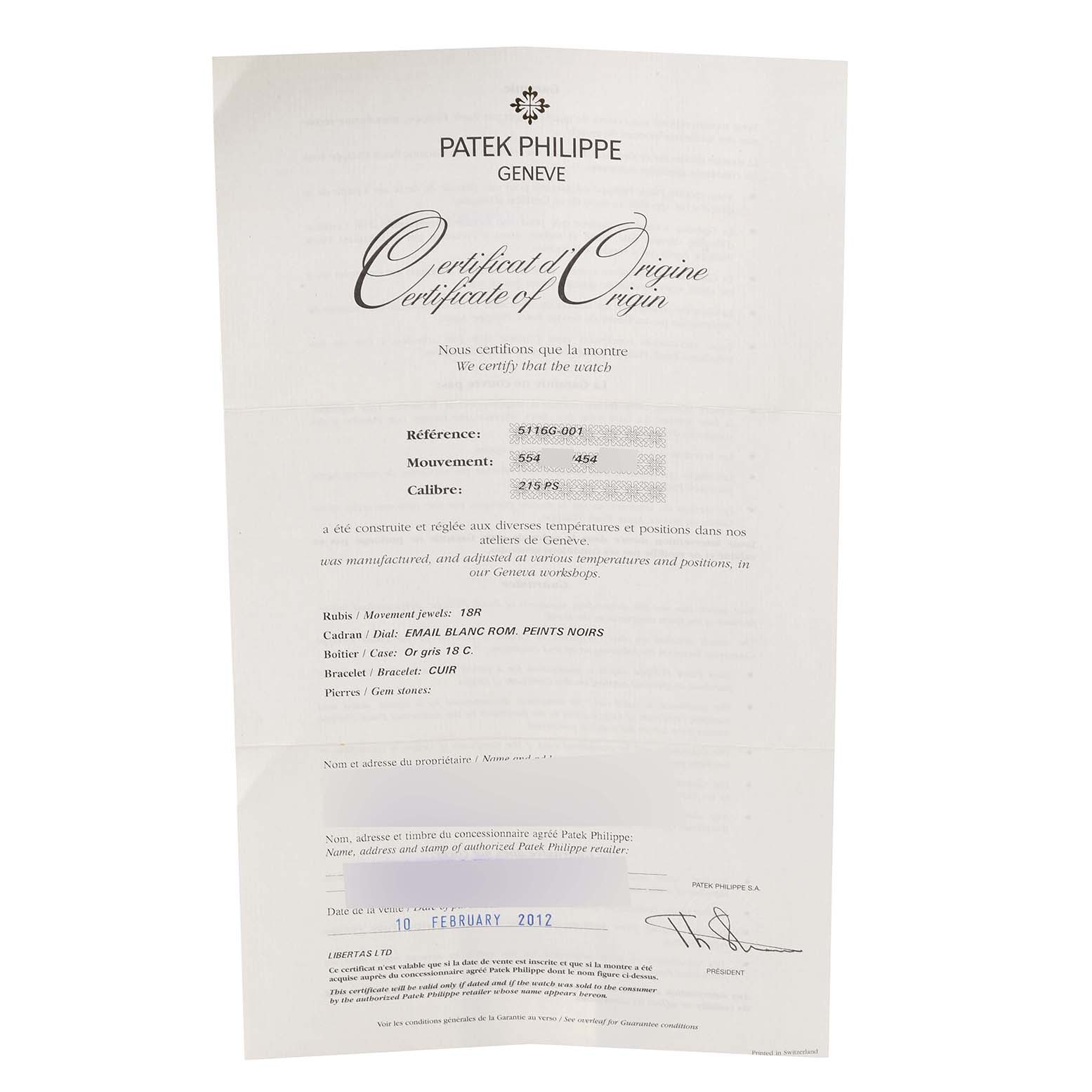 This image shows the Certificate of Origin for a Patek Philippe Calatrava 5116G Men's White Gold White Dial 5116G Men's White Gold White Dial model watch, detailing its specifications.