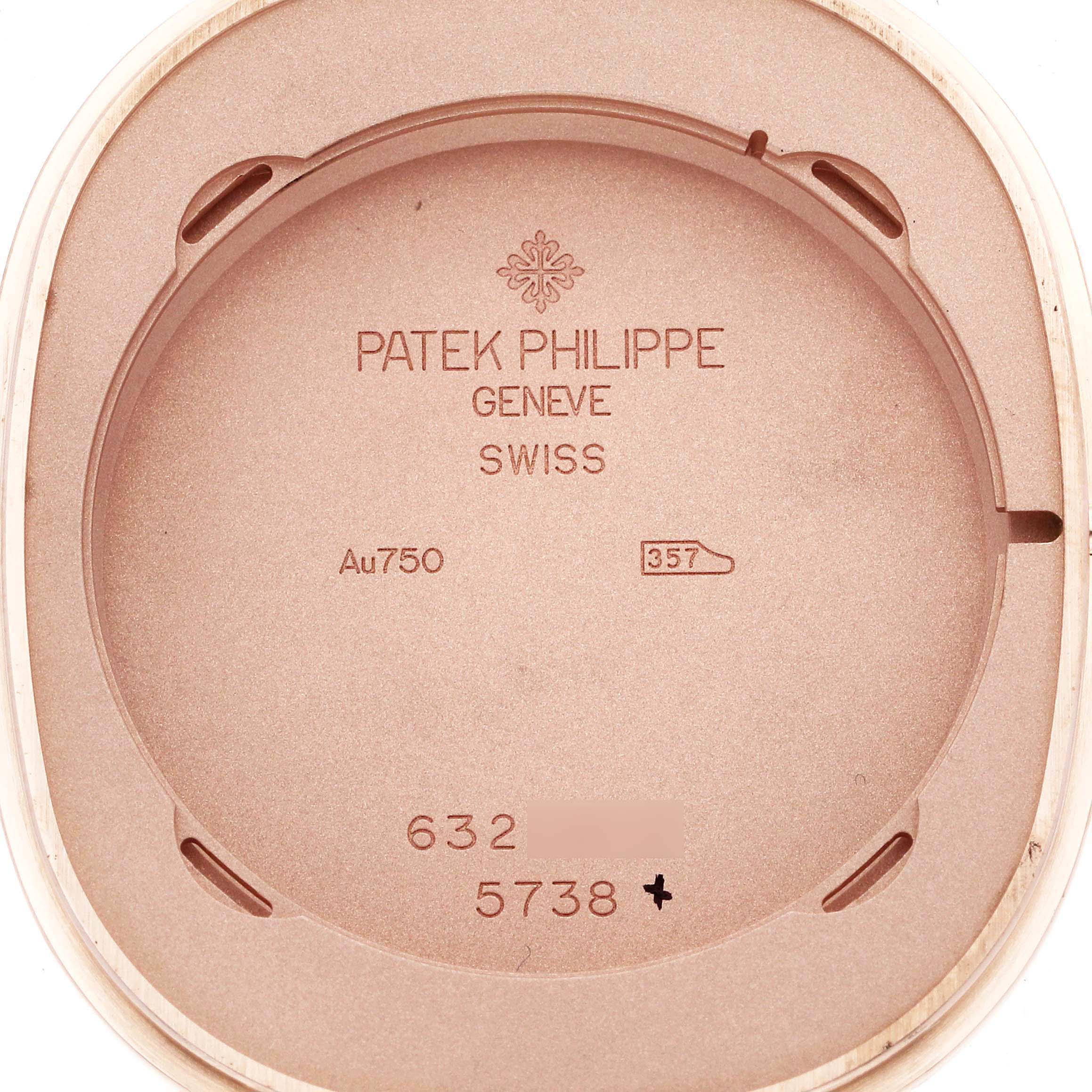 The image shows the inside caseback of a Patek Philippe Golden Ellipse 5738R-001 Men's Rose Gold Black Dial 5738R-001 Men's Rose Gold Black Dial watch.