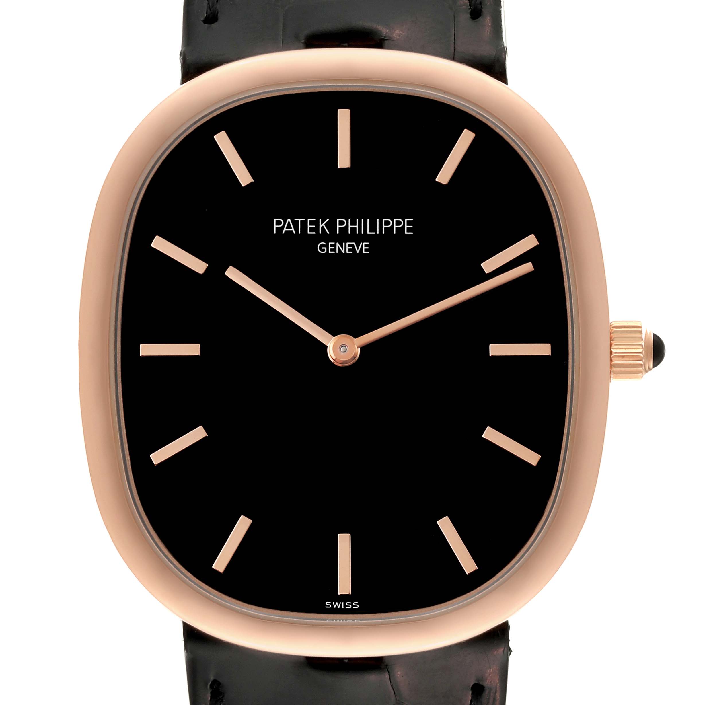 This image shows a front view of the Patek Philippe Golden Ellipse 5738R-001 Men's Rose Gold Black Dial 5738R-001 Men's Rose Gold Black Dial watch, highlighting the dial, hands, and case.