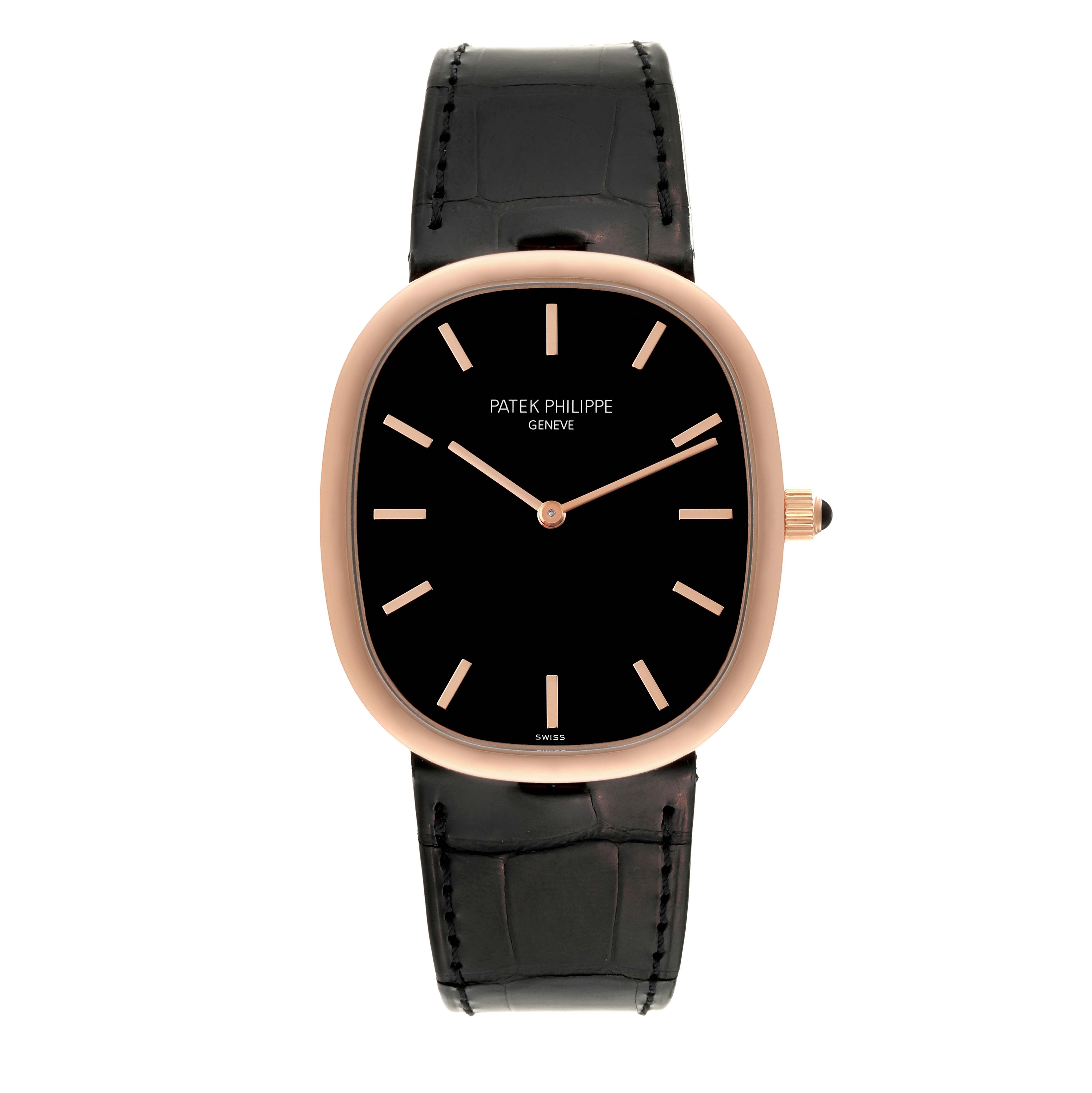 The image shows a front view of a Patek Philippe Golden Ellipse 5738R-001 Men's Rose Gold Black Dial 5738R-001 Men's Rose Gold Black Dial watch, displaying its face, hands, crown, and black leather strap.