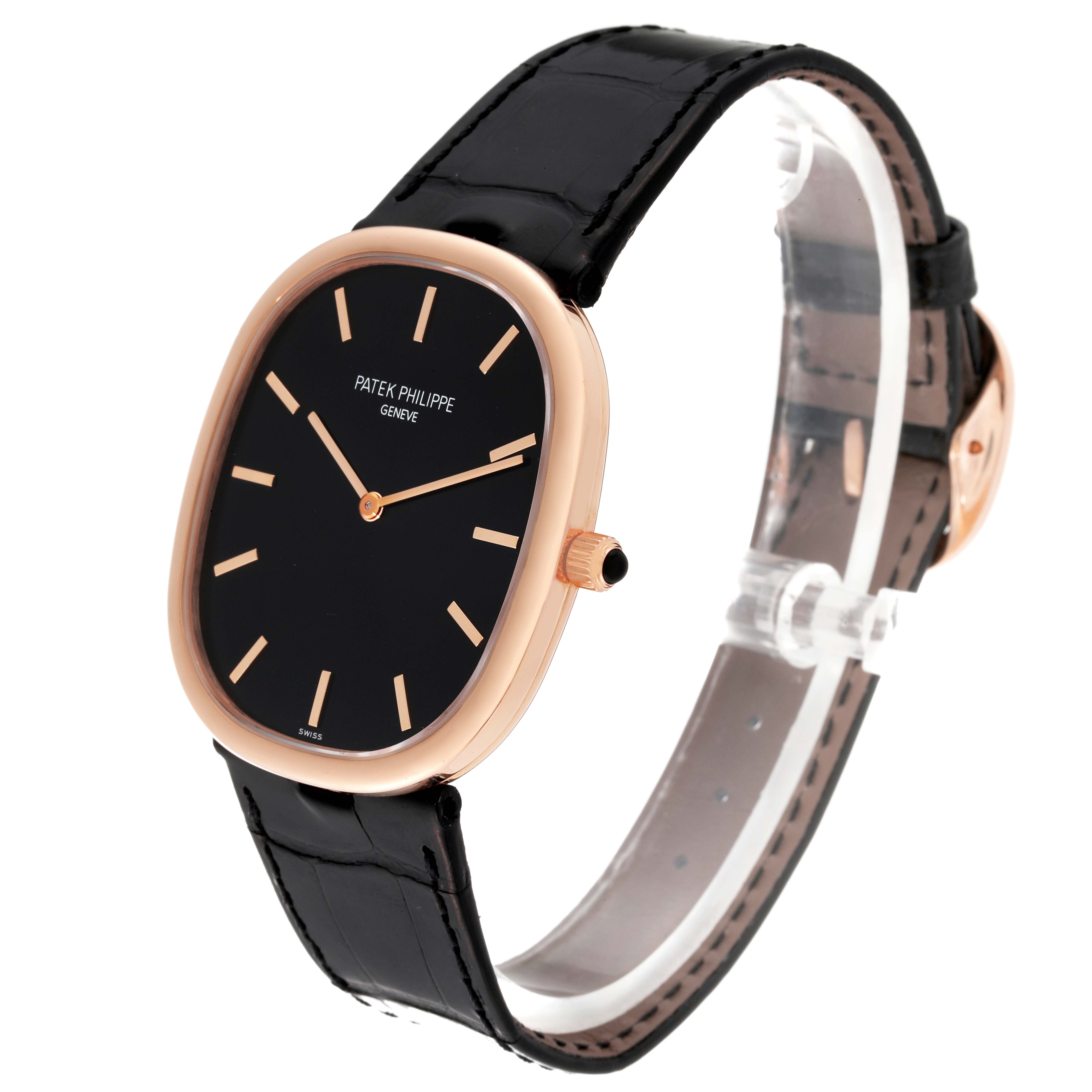 The image shows a Patek Philippe Golden Ellipse 5738R-001 Men's Rose Gold Black Dial 5738R-001 Men's Rose Gold Black Dial watch from a front-angle view, highlighting the dial, case, and strap.