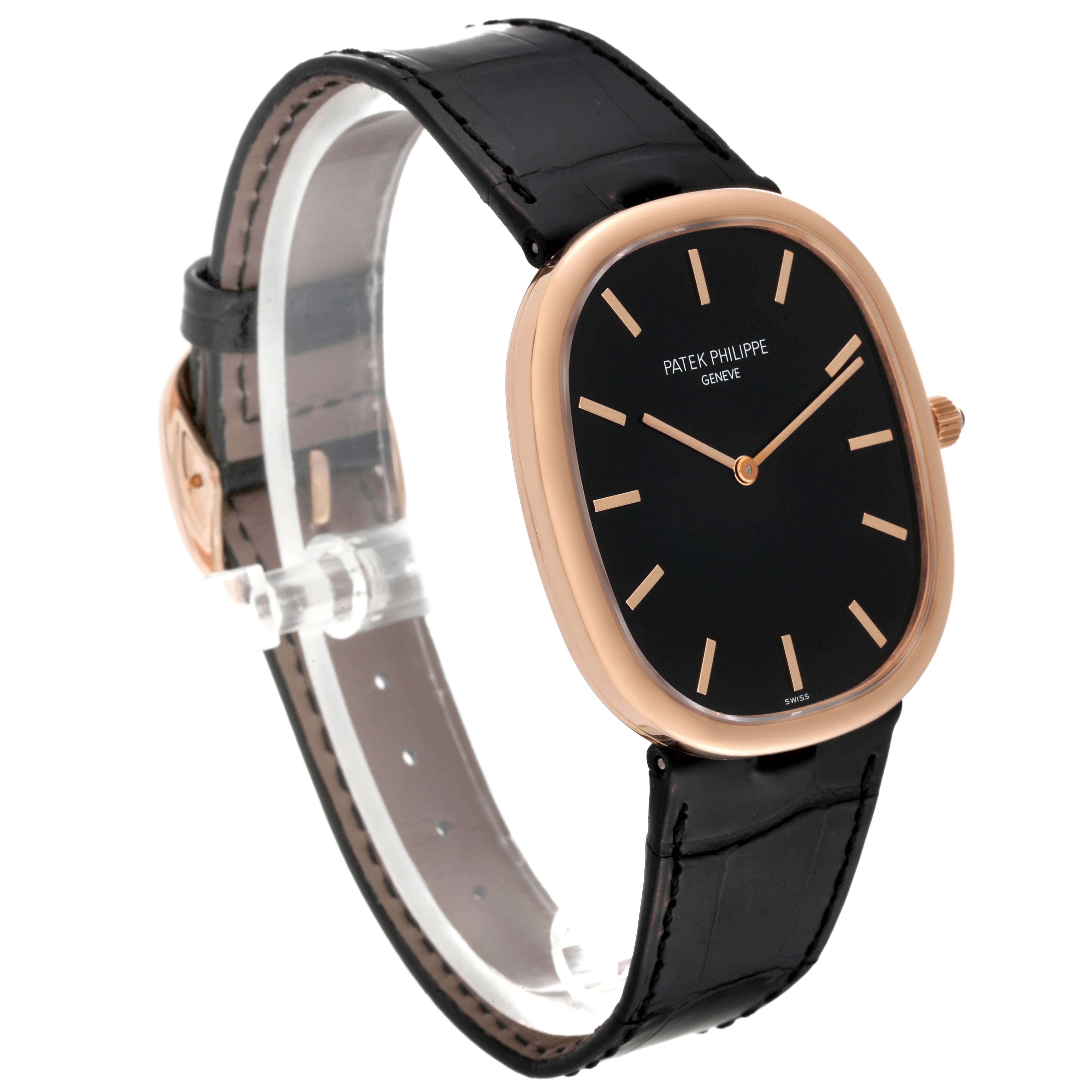 The image shows a side angle of the Patek Philippe Golden Ellipse 5738R-001 Men's Rose Gold Black Dial 5738R-001 Men's Rose Gold Black Dial watch, highlighting the face, bezel, and leather strap.