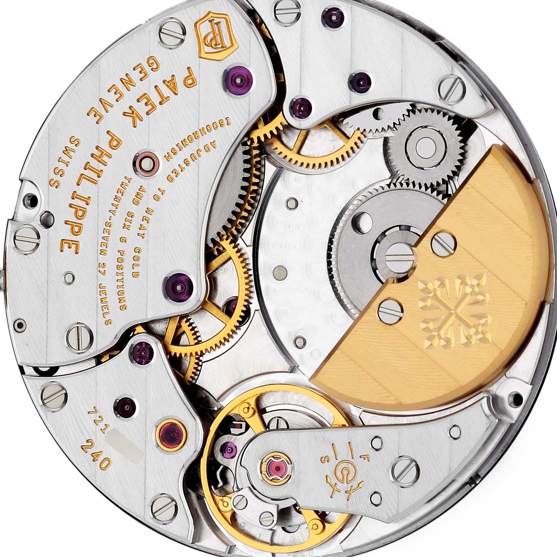 This image shows the movement mechanism of the Patek Philippe Golden Ellipse 5738R-001 Men's Rose Gold Black Dial 5738R-001 Men's Rose Gold Black Dial watch from a top-down angle.
