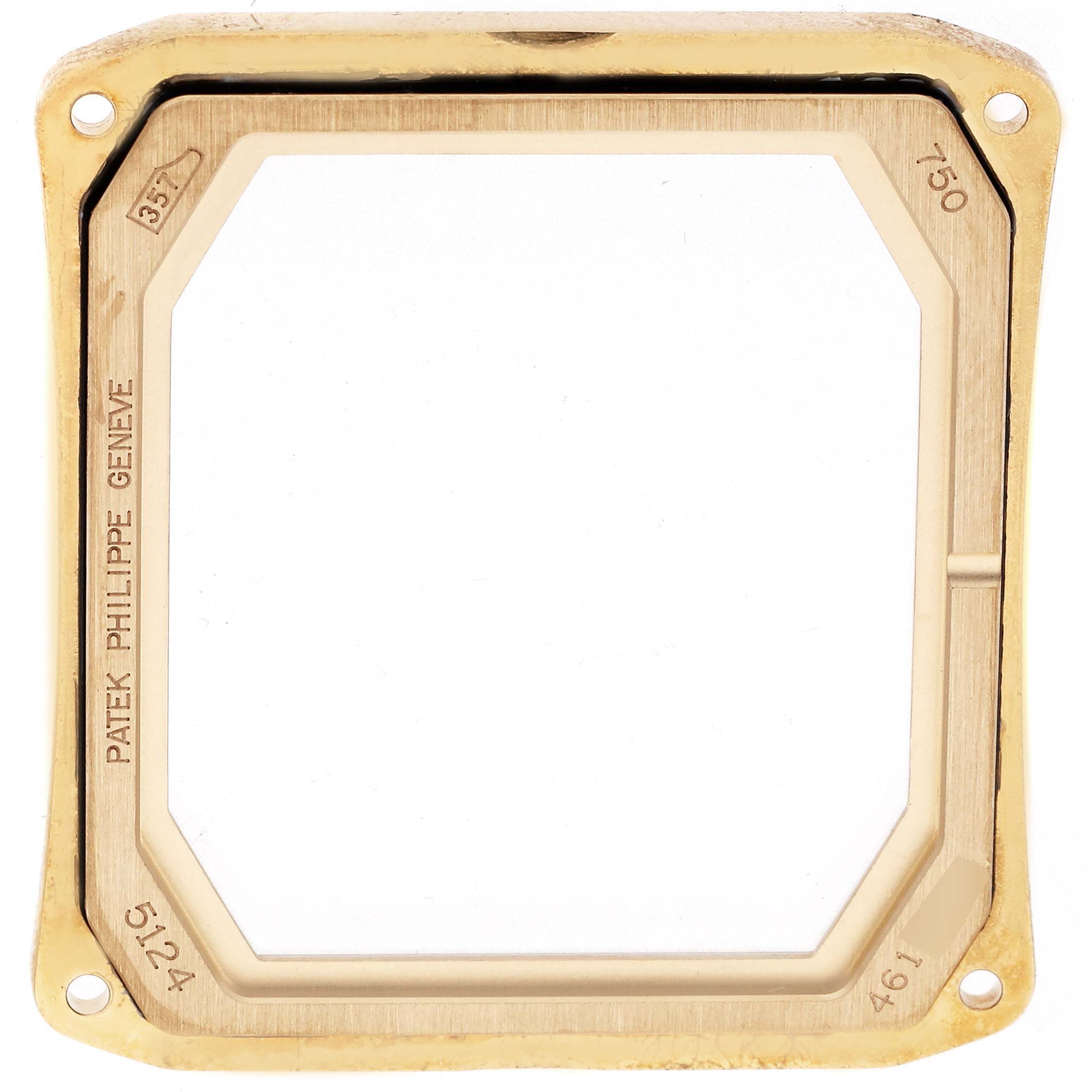 The image shows the front angle of the case frame for a Patek Philippe Gondolo 5124J-001 Men
s Yellow Gold Silver Dial 5124J-001 Men
s Yellow Gold Silver Dial watch.