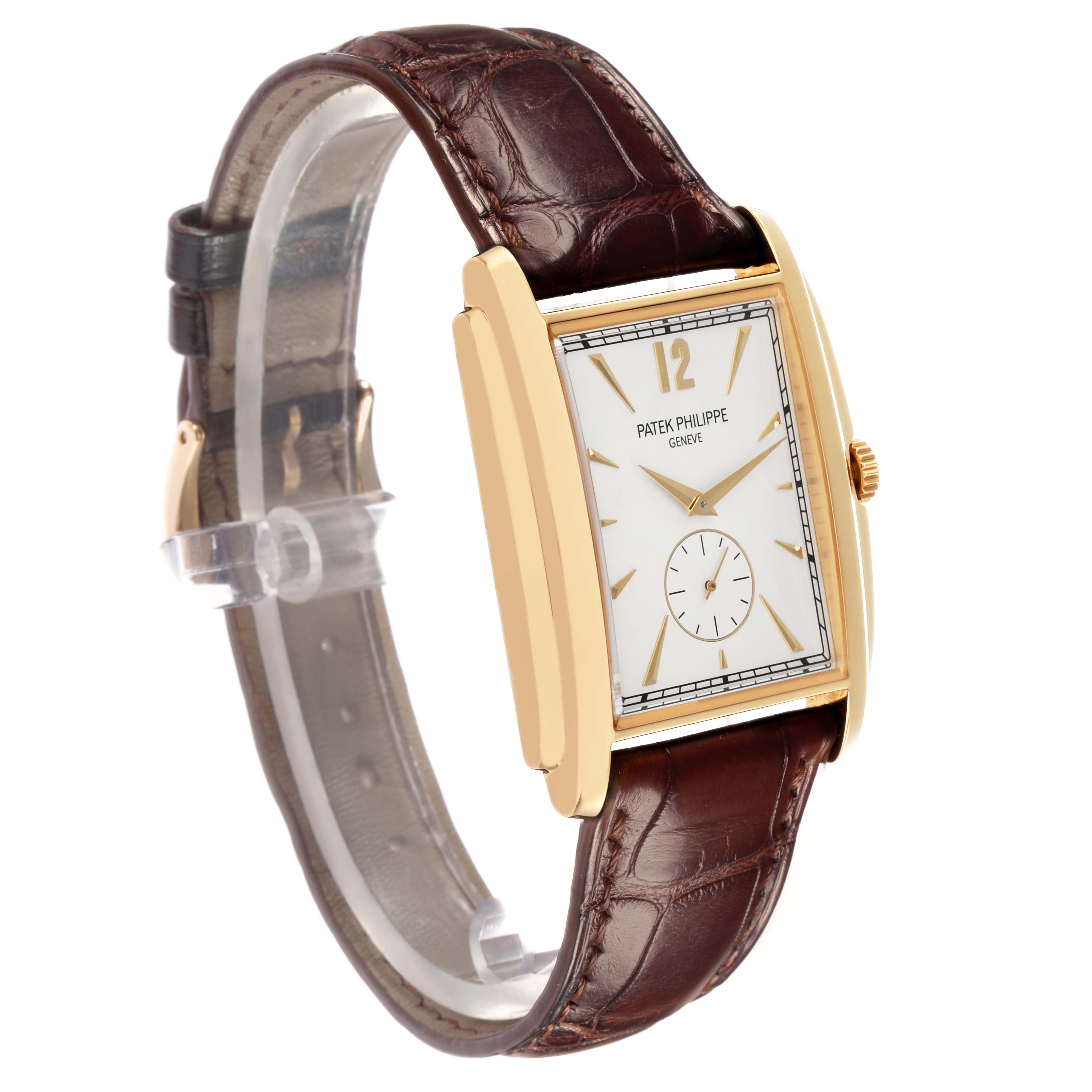The Patek Philippe Gondolo 5124J-001 Men
s Yellow Gold Silver Dial 5124J-001 Men
s Yellow Gold Silver Dial watch is shown at a slight angle, highlighting the face, case, crown, and brown leather strap.