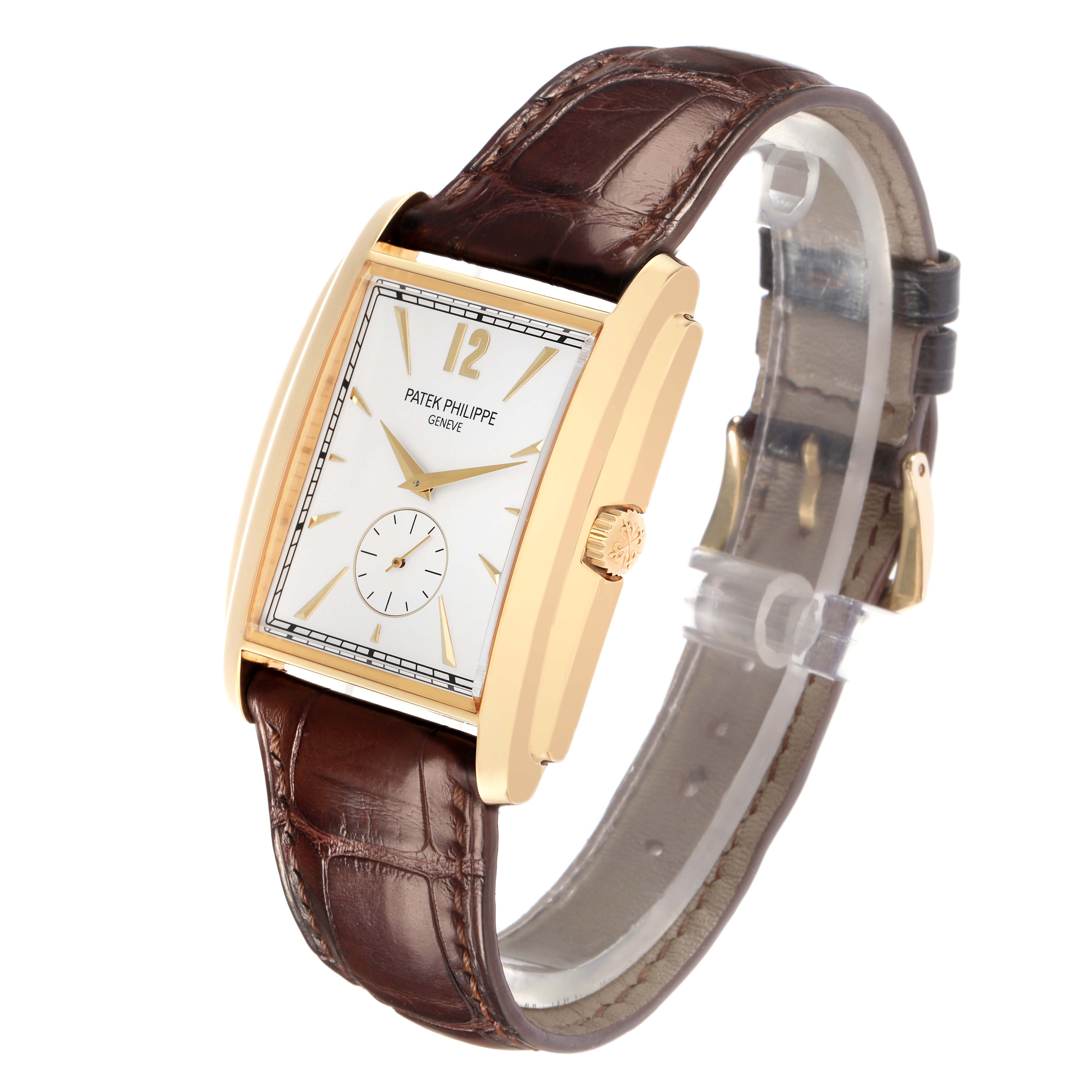 The Patek Philippe Gondolo 5124J-001 Men
s Yellow Gold Silver Dial 5124J-001 Men
s Yellow Gold Silver Dial watch is shown at a three-quarter angle, highlighting the dial, crown, and brown leather strap.