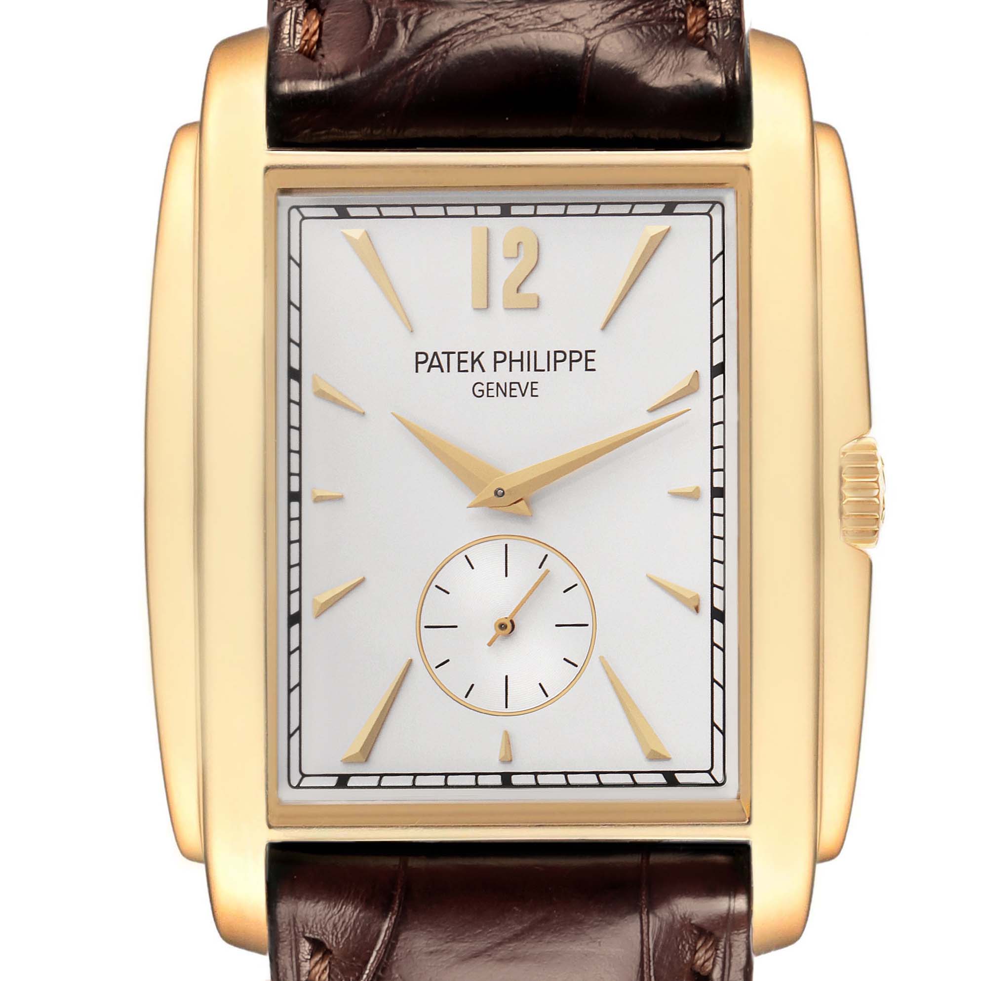 The image shows a front view of a Patek Philippe Gondolo 5124J-001 Men
s Yellow Gold Silver Dial 5124J-001 Men
s Yellow Gold Silver Dial watch, highlighting the face and rectangular gold case.