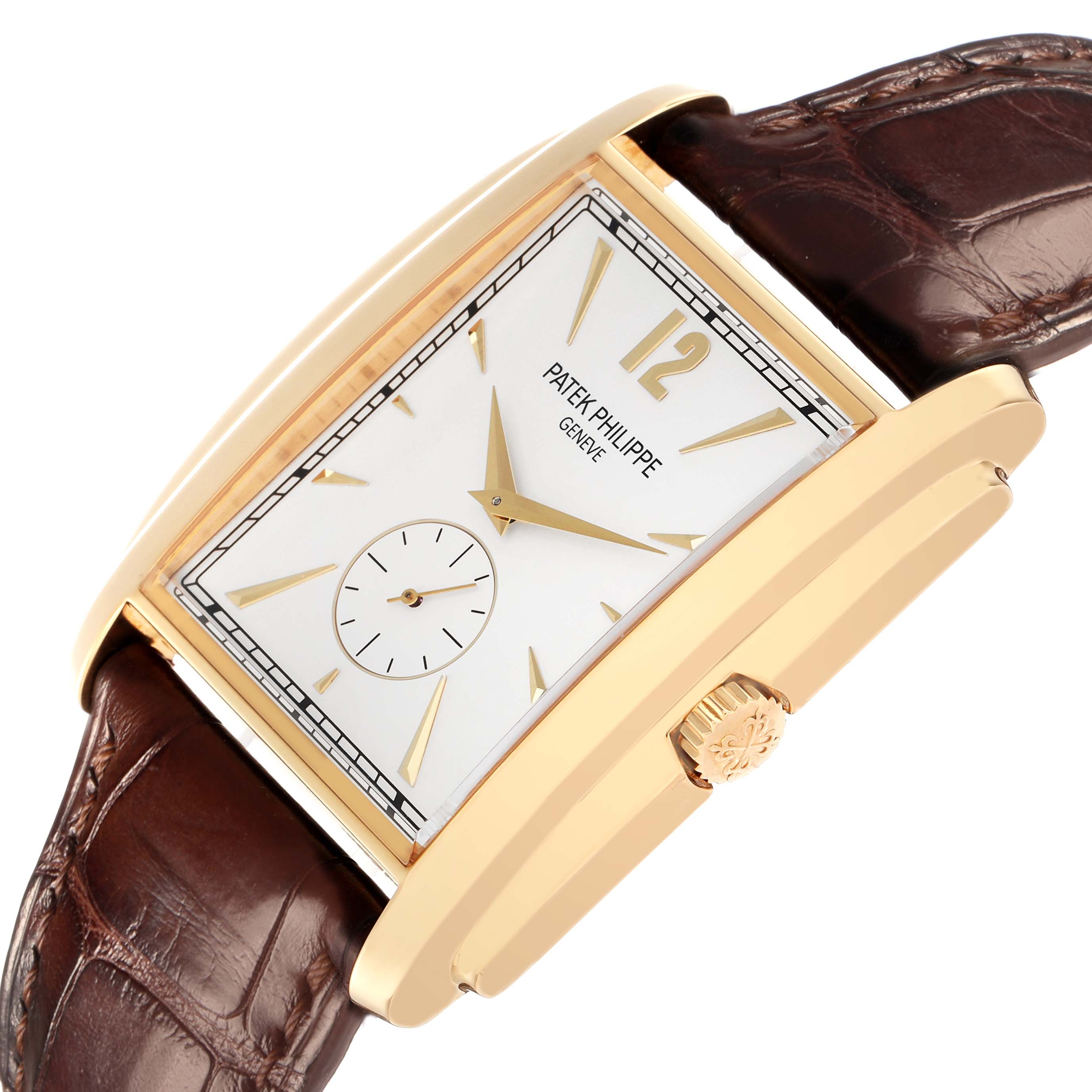 The image shows a Patek Philippe Gondolo 5124J-001 Men
s Yellow Gold Silver Dial 5124J-001 Men
s Yellow Gold Silver Dial watch at a slight angle, highlighting the dial, crown, and brown leather strap.