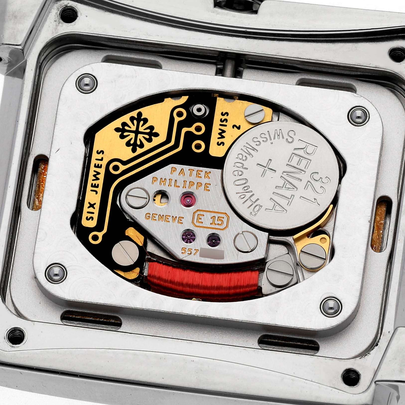 This image shows a close-up of the movement and internal components of a Patek Philippe Twenty-4 4910/10A-011 Women's Stainless Steel Silver Dial 4910/10A-011 Women's Stainless Steel Silver Dial model watch.