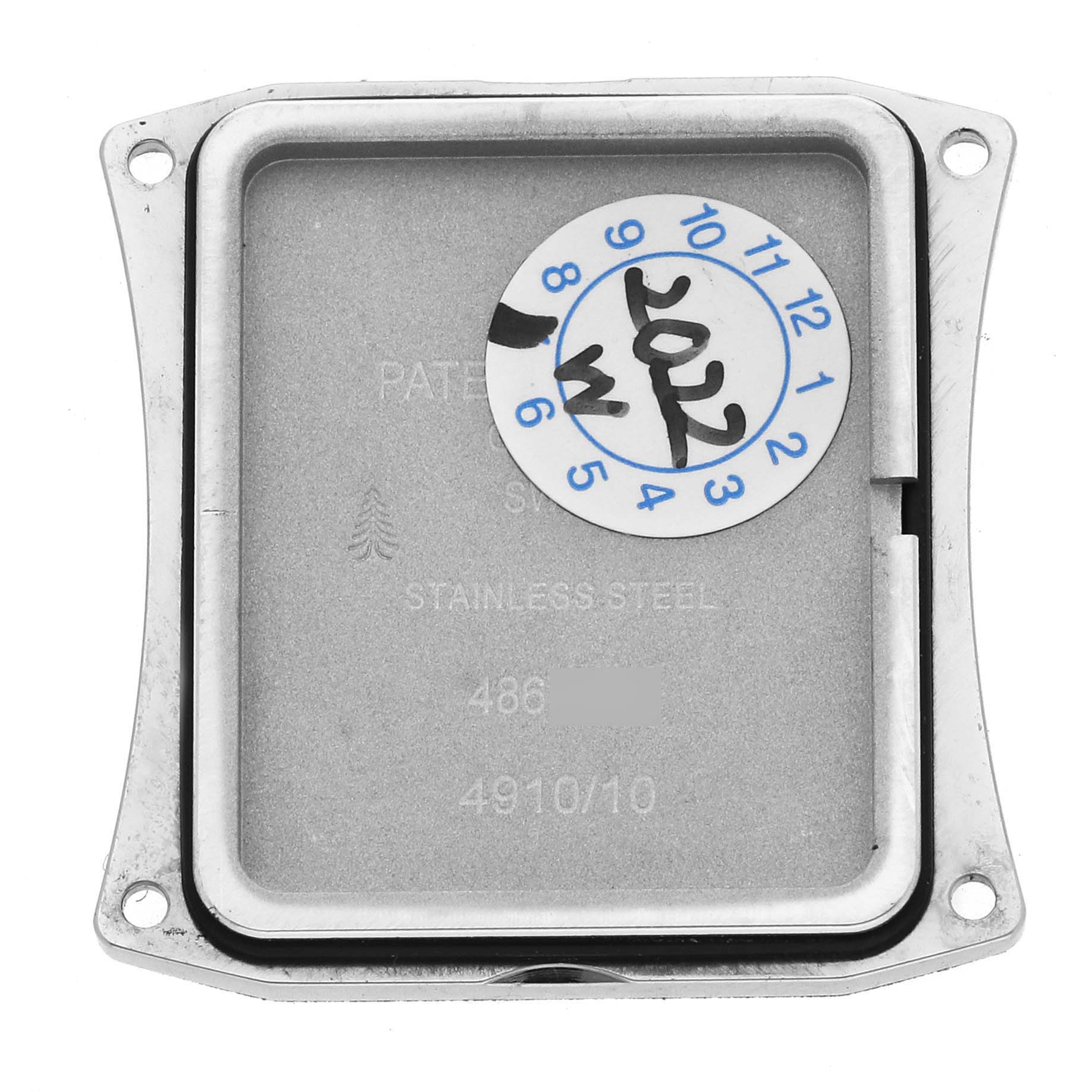 This image shows the case back of a Patek Philippe Twenty-4 4910/10A-011 Women's Stainless Steel Silver Dial 4910/10A-011 Women's Stainless Steel Silver Dial watch, viewed from the inside.