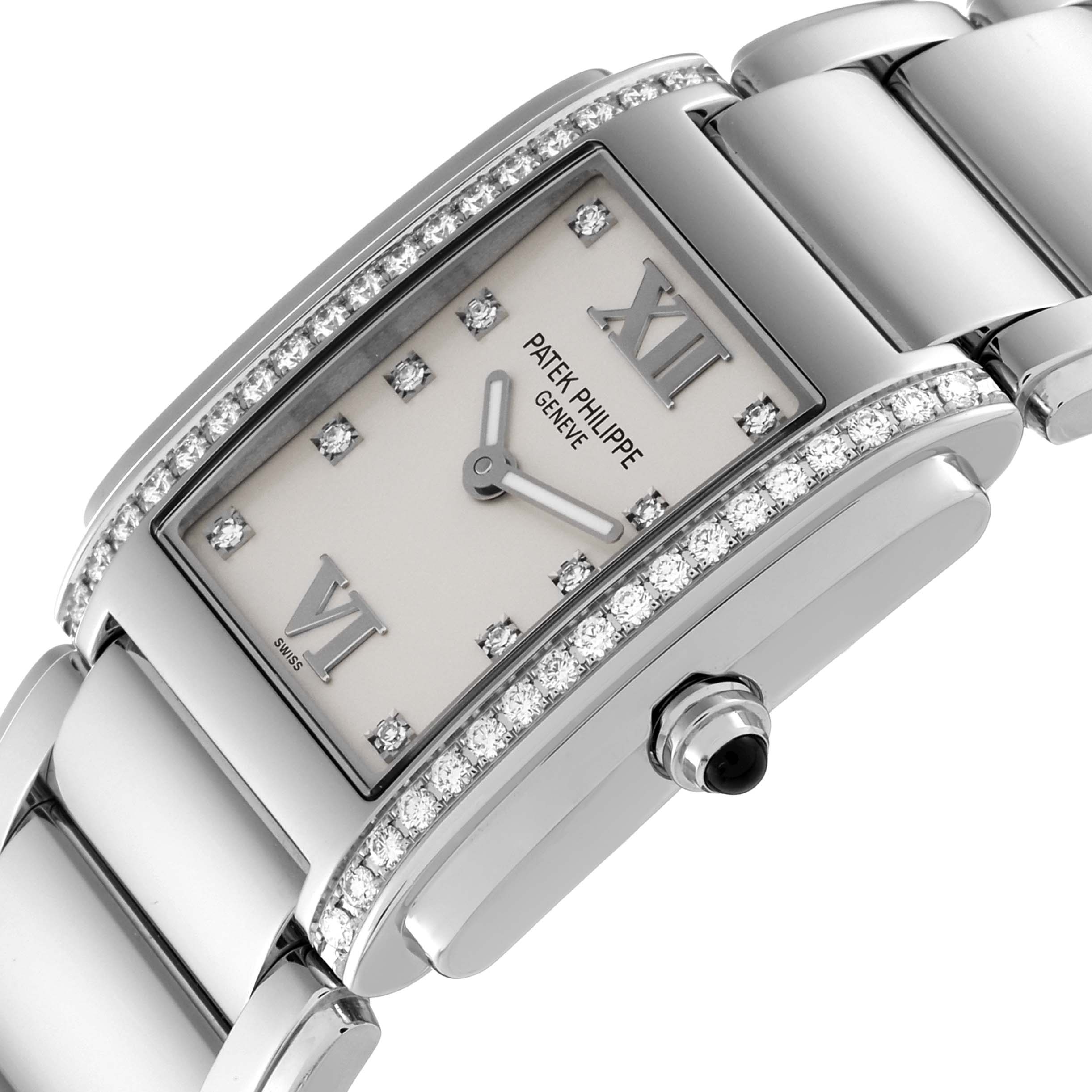 The image shows a close-up, angled view of the dial and bracelet of the Patek Philippe Twenty-4 4910/10A-011 Women's Stainless Steel Silver Dial 4910/10A-011 Women's Stainless Steel Silver Dial model watch.