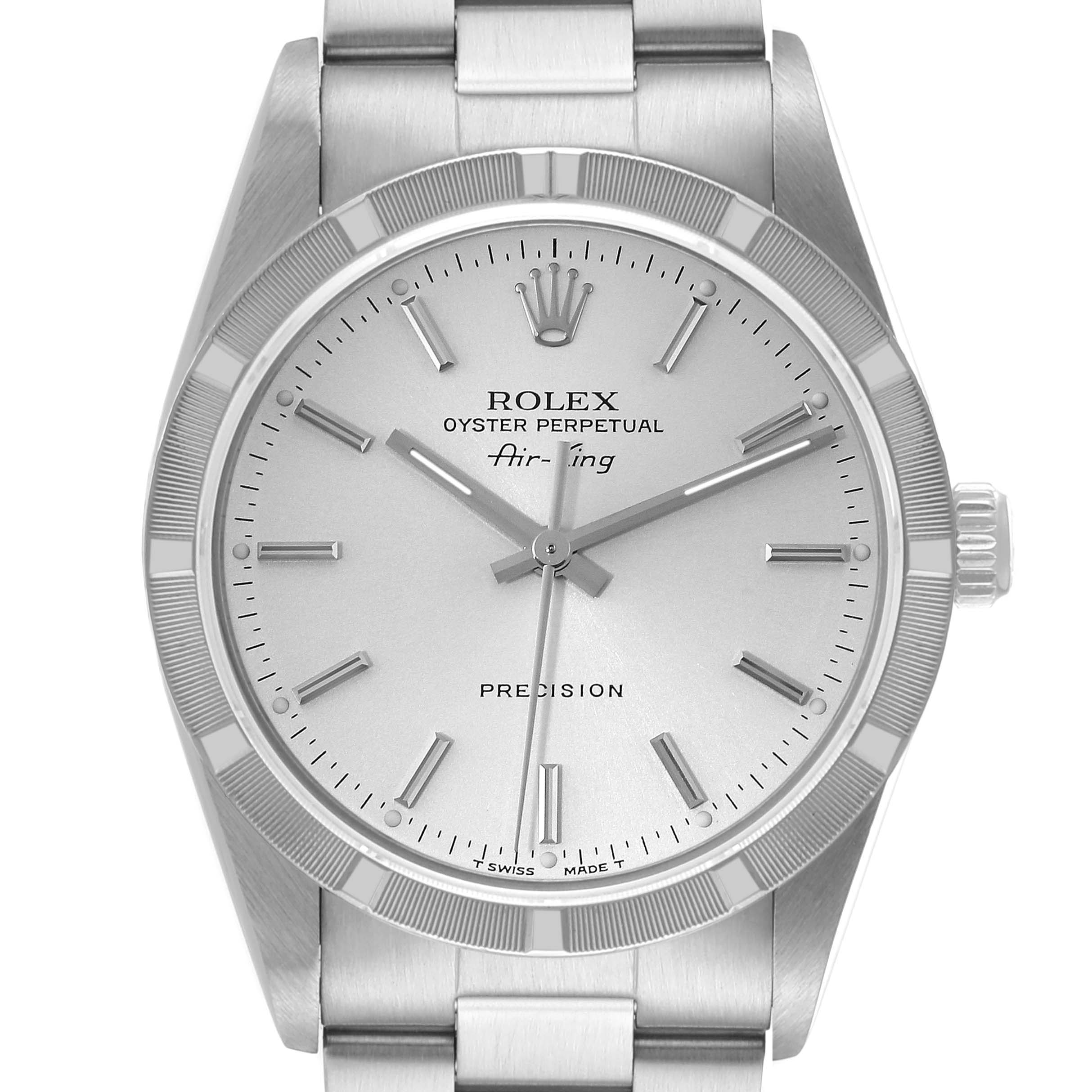 The image shows a Rolex Air-King 14010 Men's Stainless Steel Silver Dial 14010 Men's Stainless Steel Silver Dial watch face at a straight-on angle, displaying the dial, hands, and part of the bracelet.