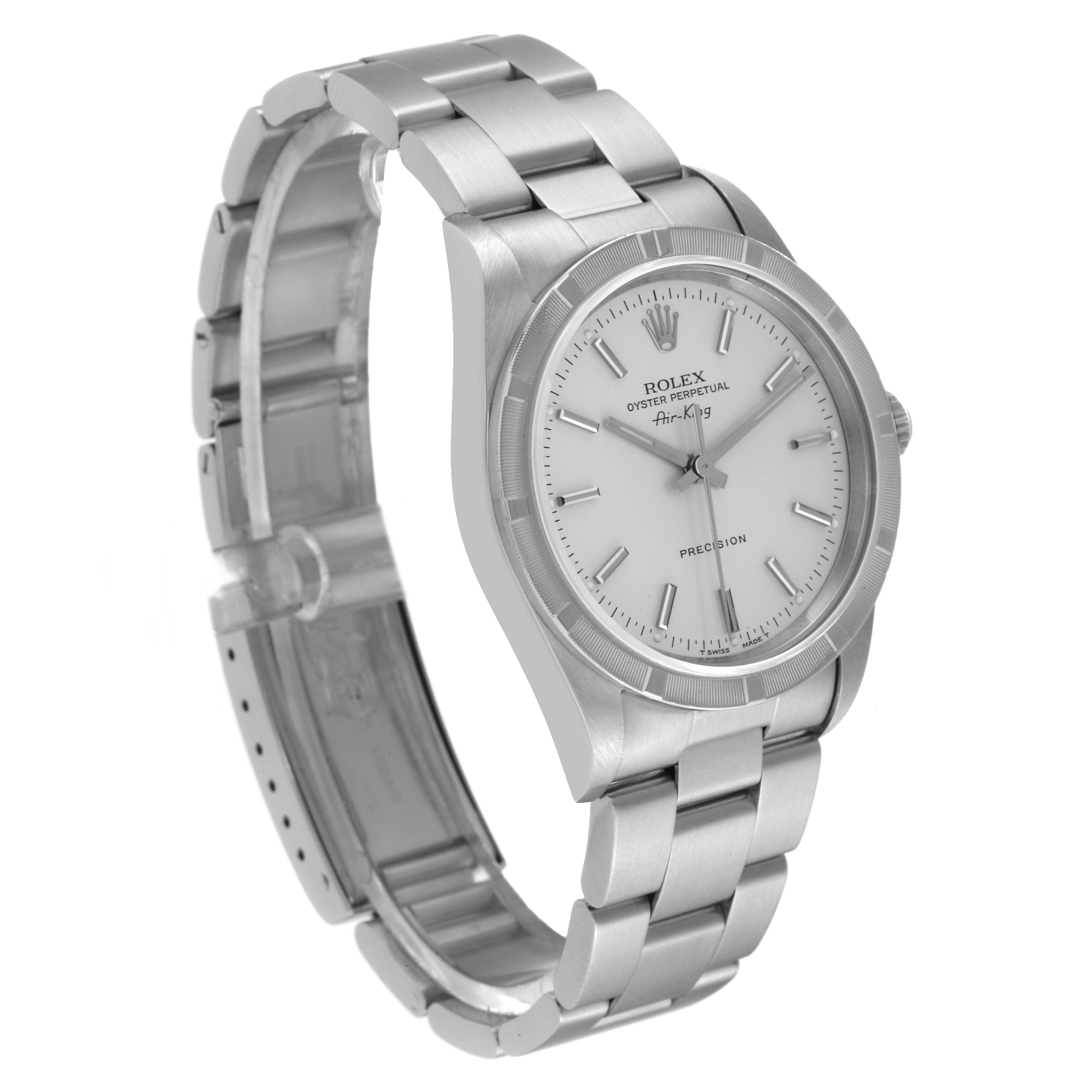 The image shows a Rolex Air-King 14010 Men's Stainless Steel Silver Dial 14010 Men's Stainless Steel Silver Dial watch angled to display the face, bezel, and part of the stainless steel bracelet.