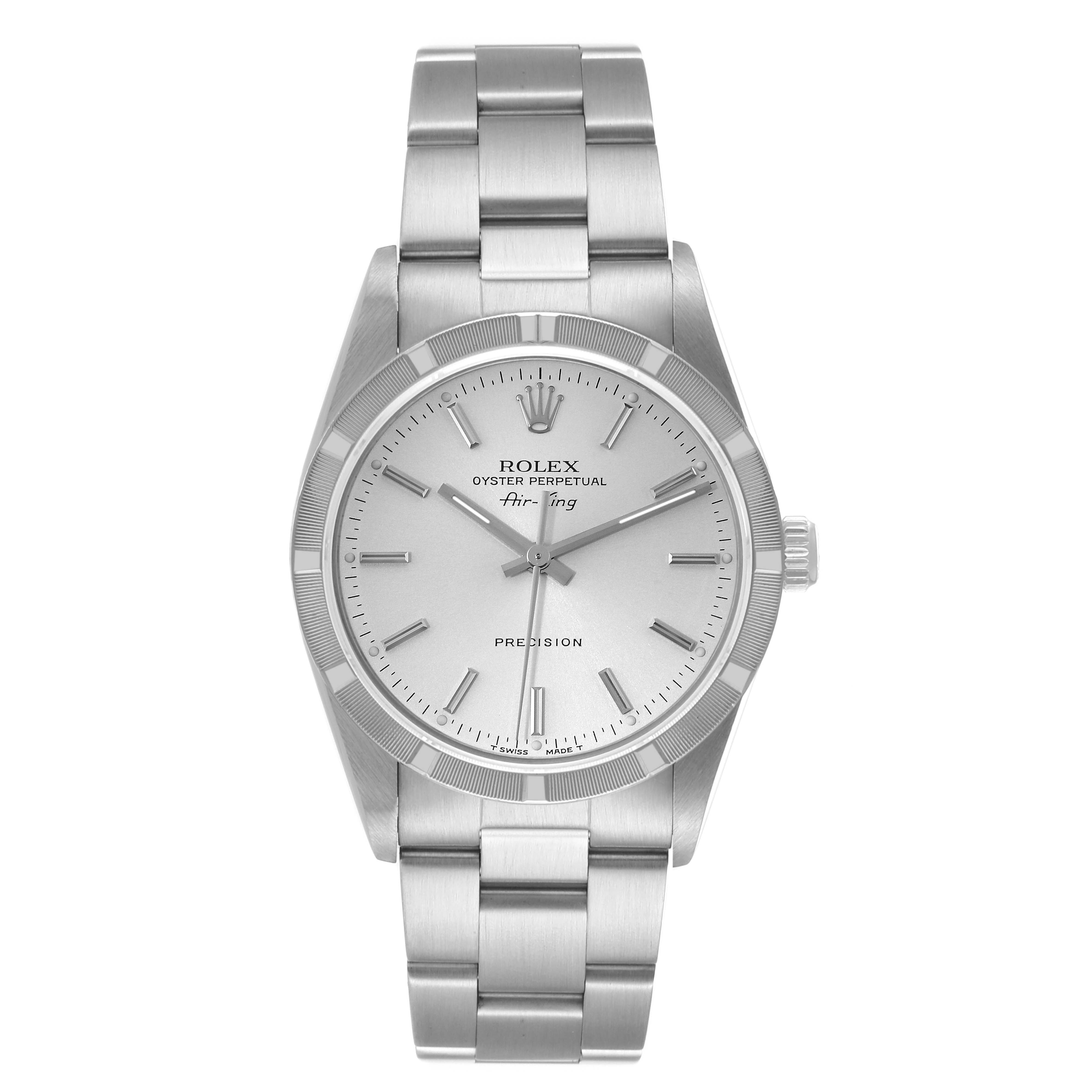 The image shows a front view of a Rolex Air-King 14010 Men's Stainless Steel Silver Dial 14010 Men's Stainless Steel Silver Dial watch, displaying its dial, case, and bracelet.