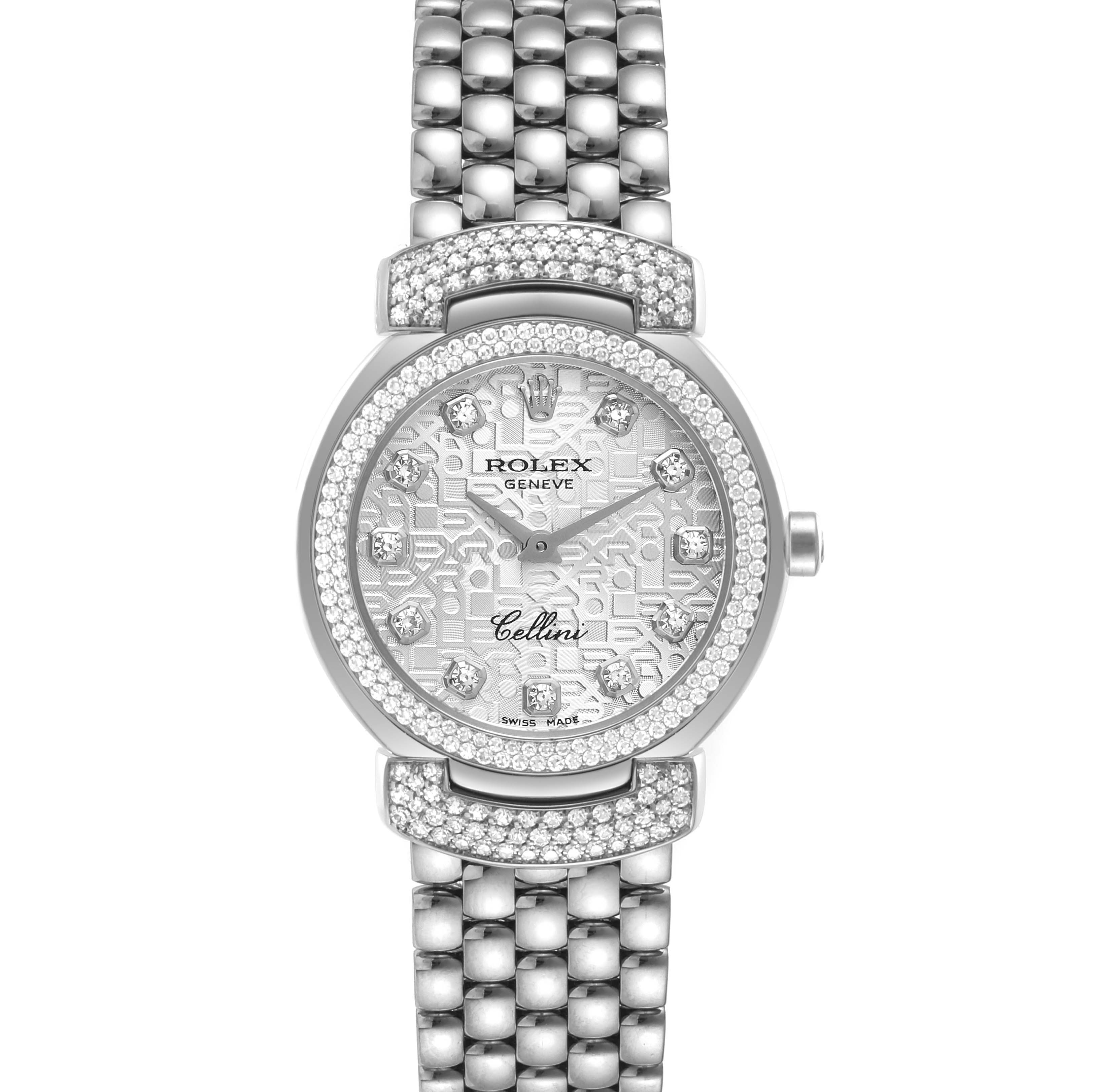This image shows a front view of the Rolex Cellini 6673 Women's White Gold Silver Dial 6673 Women's White Gold Silver Dial watch, highlighting the dial, bezel, and bracelet.