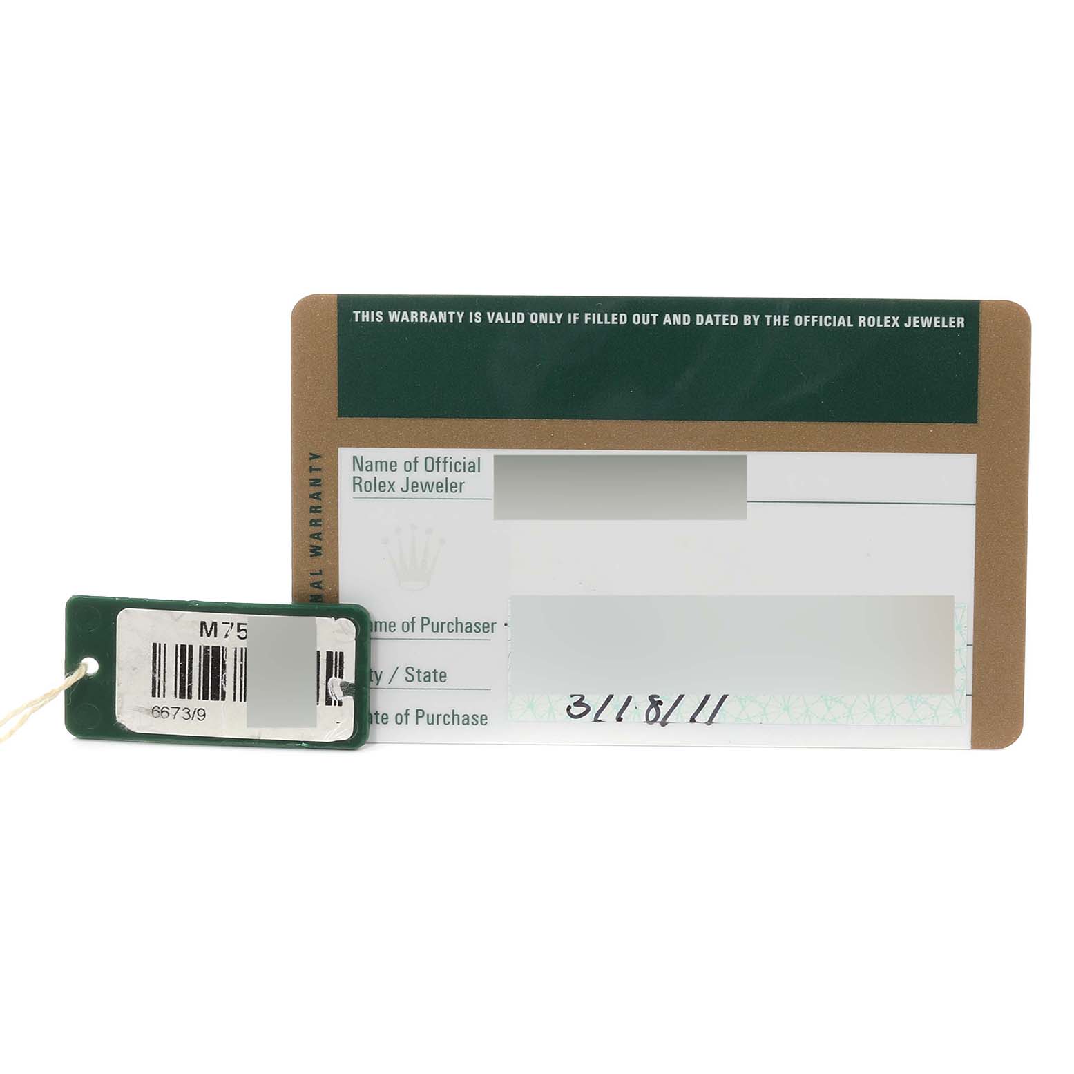 The image shows a warranty card and a tag for the Rolex Cellini 6673 Women's White Gold Silver Dial 6673 Women's White Gold Silver Dial model from a front angle.