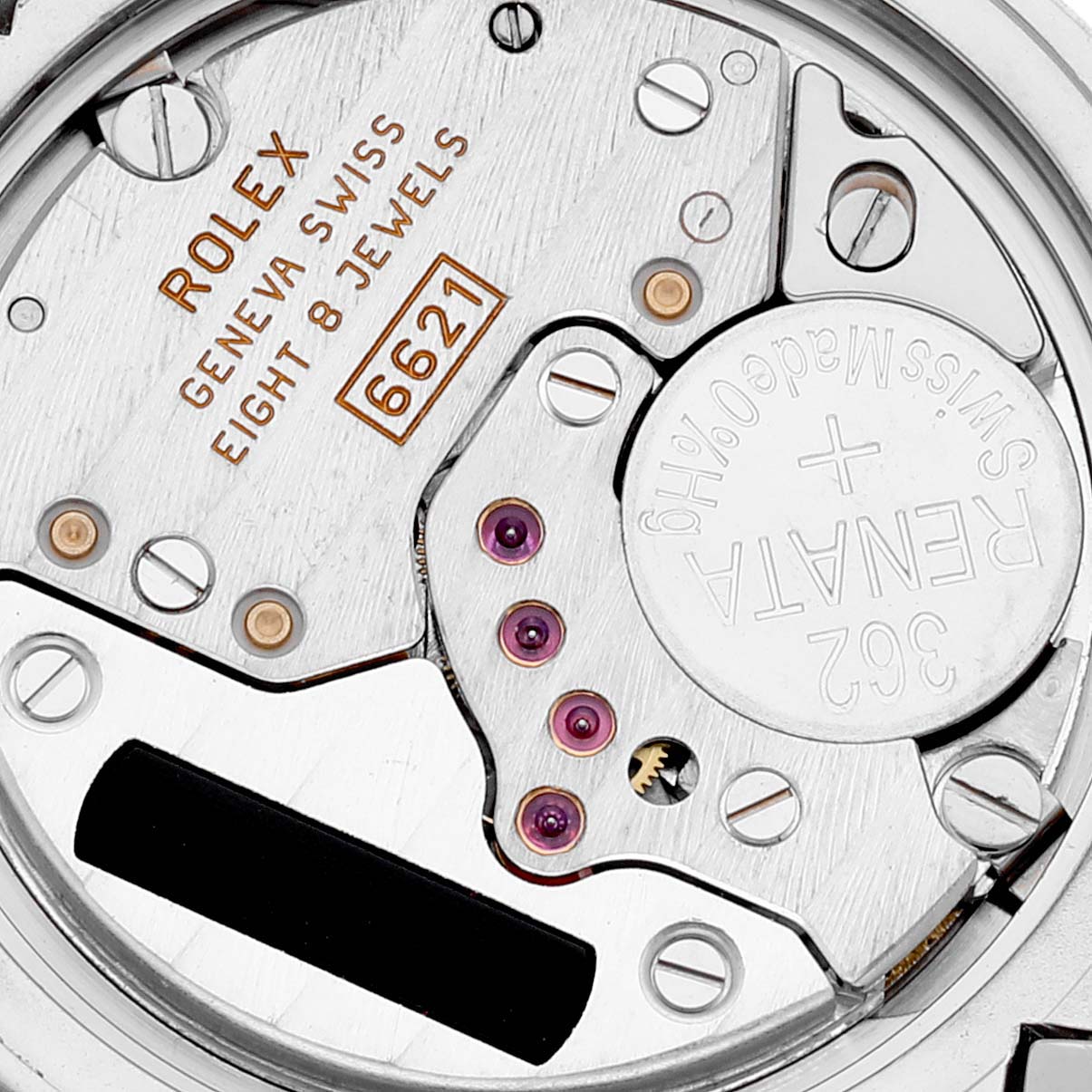 This image shows a close-up view of the Rolex Cellini 6673 Women's White Gold Silver Dial 6673 Women's White Gold Silver Dial watch’s internal movement and mechanism parts.