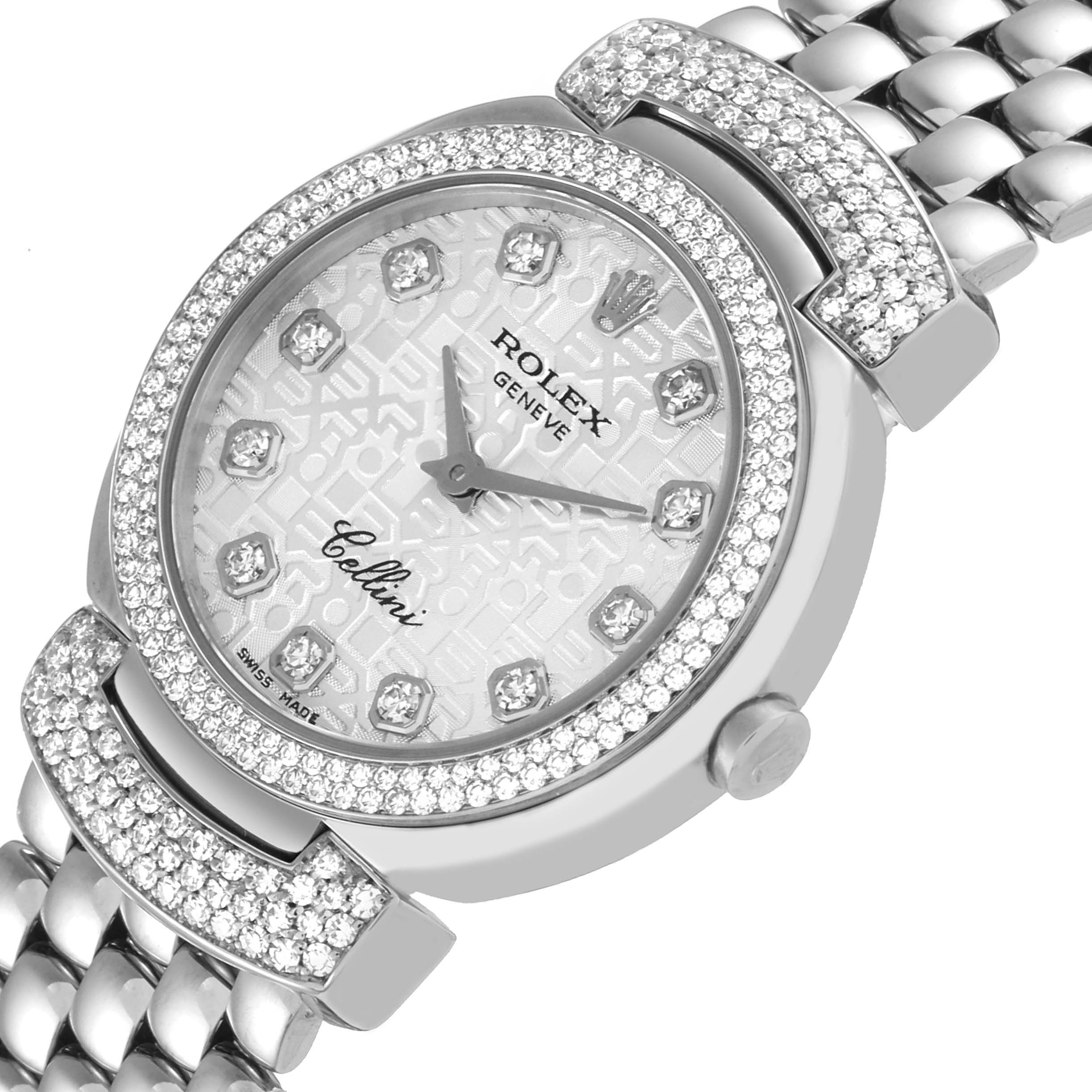 The Rolex Cellini 6673 Women's White Gold Silver Dial 6673 Women's White Gold Silver Dial watch is shown from a slightly angled top view, highlighting its diamond-studded bezel and dial with a patterned face.