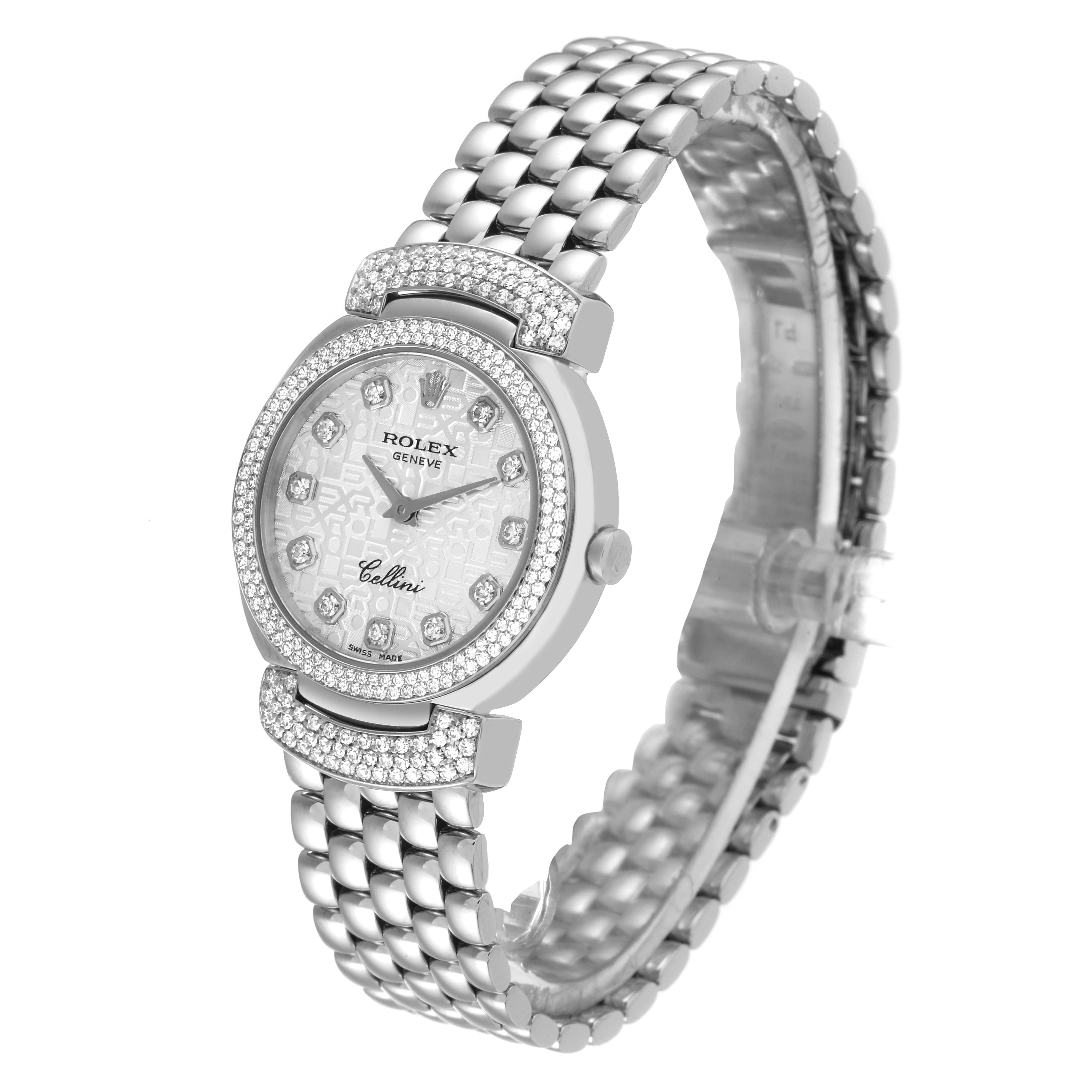 The image shows a Rolex Cellini 6673 Women's White Gold Silver Dial 6673 Women's White Gold Silver Dial watch from a three-quarter angle, displaying the face, bezel, and metal bracelet.
