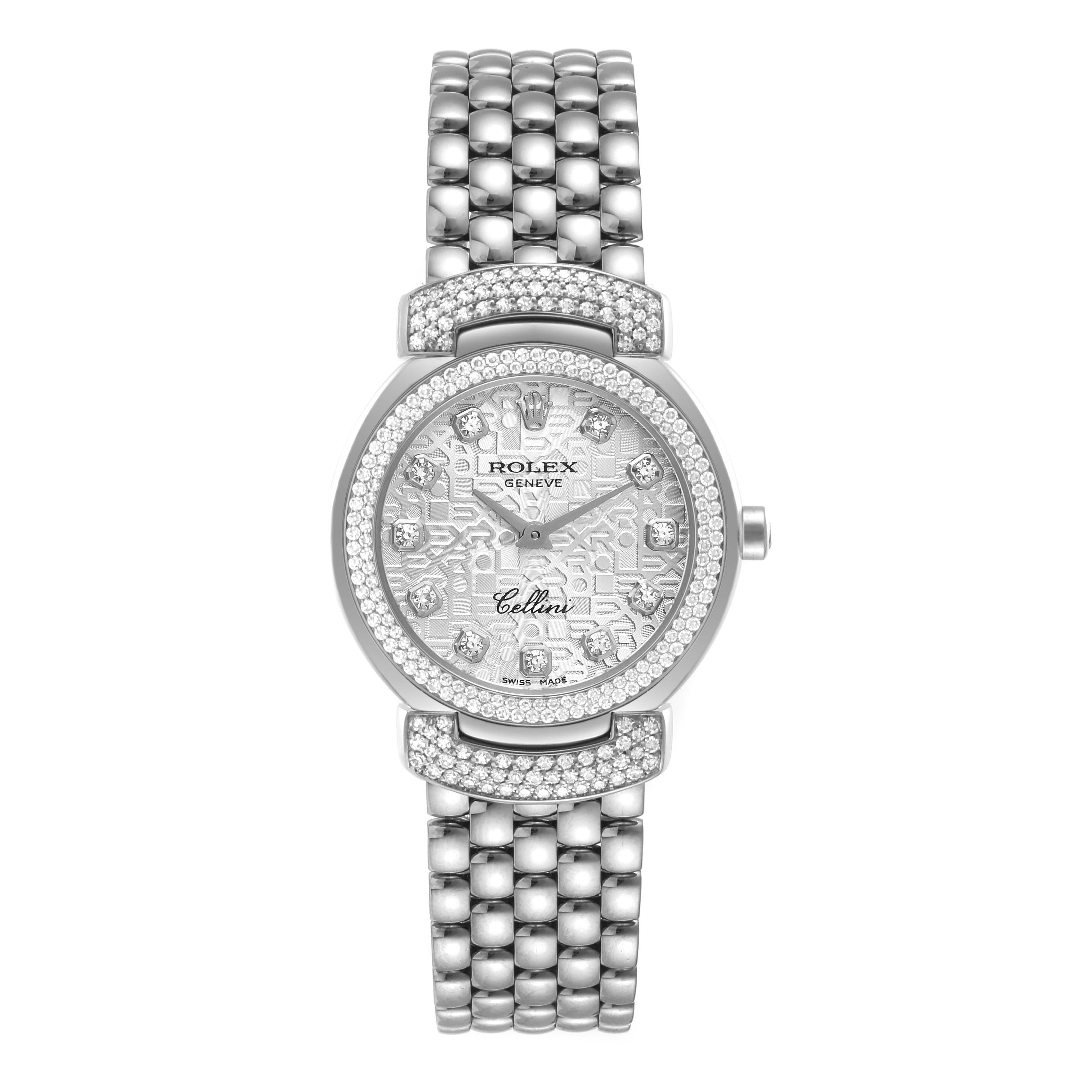 The Rolex Cellini 6673 Women's White Gold Silver Dial 6673 Women's White Gold Silver Dial watch shown in the image is viewed from the front, displaying its dial, bezel, and bracelet.