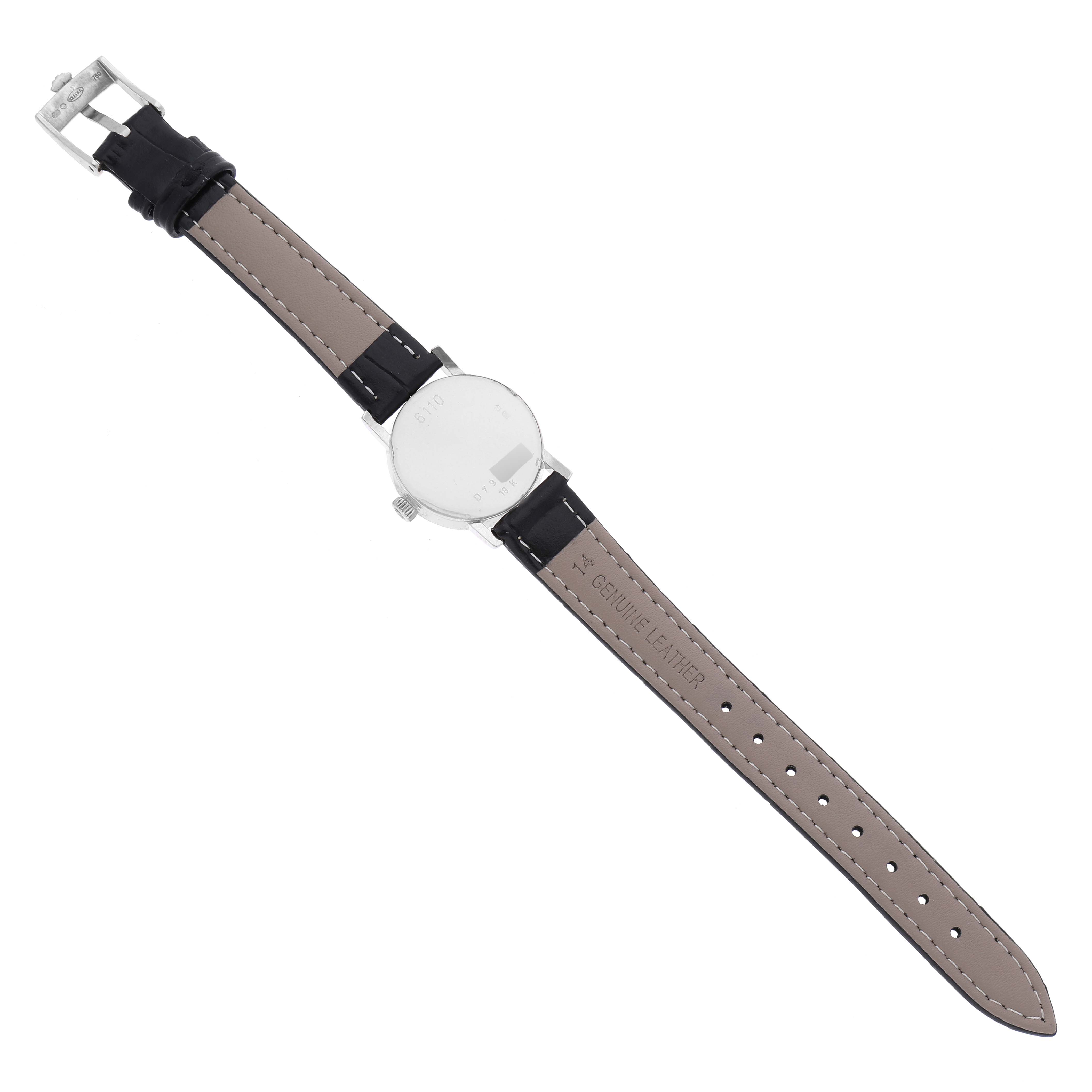 The image shows the backside of the Rolex Cellini 6110 Women's White Gold Mother of Pearl Dial 6110 Women's White Gold Mother of Pearl Dial watch, including the leather strap and buckle.