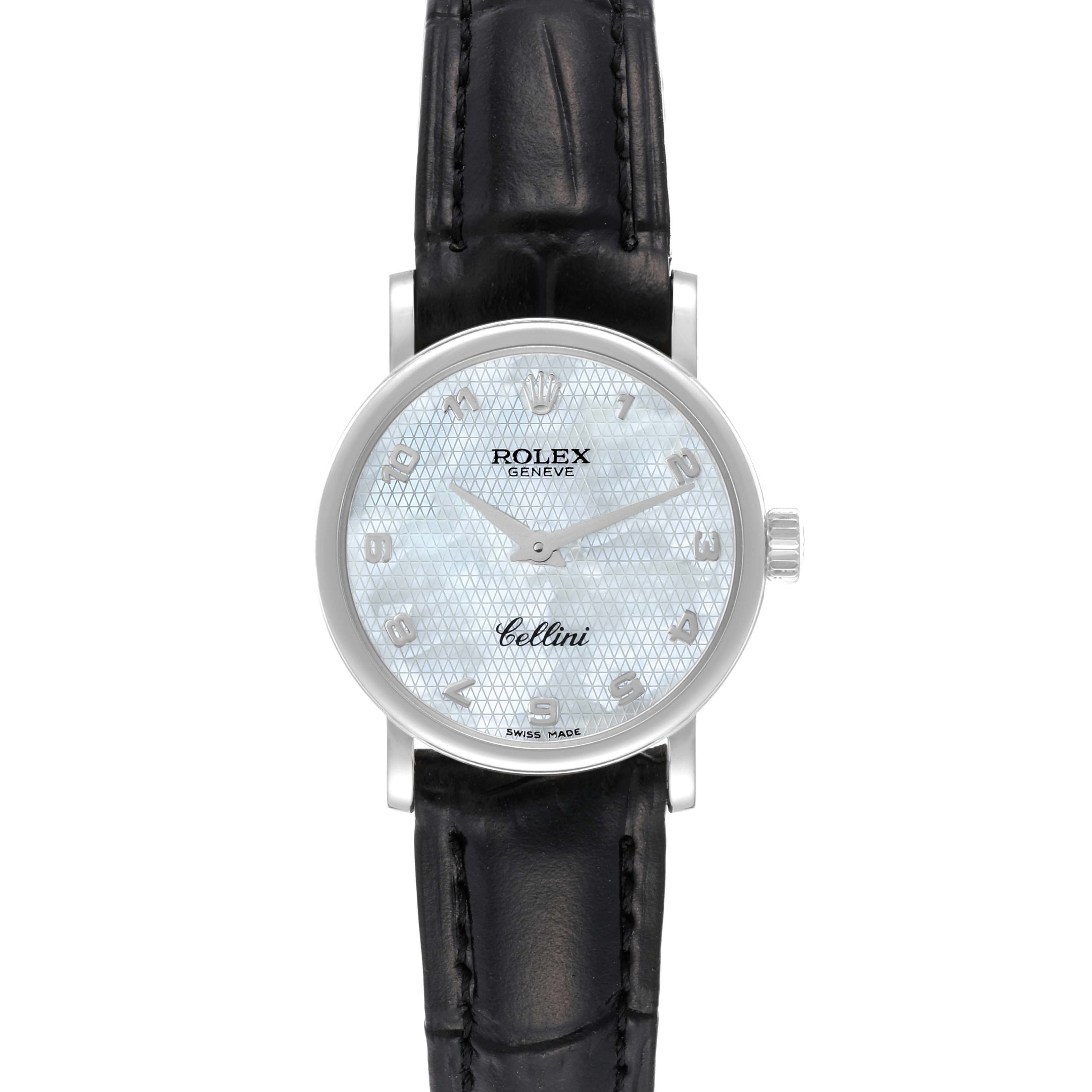 The Rolex Cellini 6110 Women's White Gold Mother of Pearl Dial 6110 Women's White Gold Mother of Pearl Dial watch is shown from a front angle, displaying the dial, case, hands, and black leather strap.